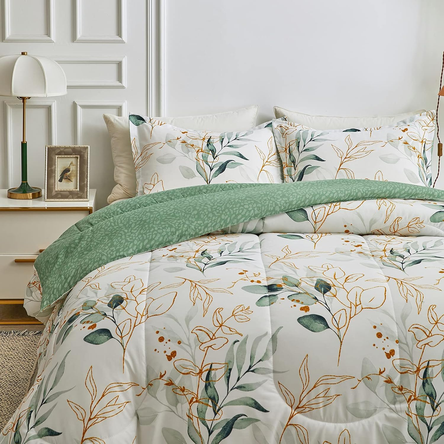 Joyreap 3Pcs Botanical Comforter Set King, Green N Golden Leaves on White Reversible Design, Smooth Soft Microfiber Bedding Comforter Set for All Season, 1 Comforter N 2 Pillow Shams, 102X90 Inches image number 6