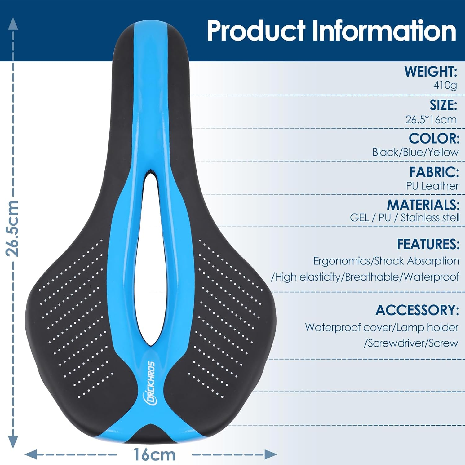 Bike Seat Bicycle Saddle with Light Buckle, Secpeak Ultra Comfortable Ergonomic Waterproof Breathable Bicycle Seat Cushion with Installation Tool and Rain Cover - Black+Blue image number 2