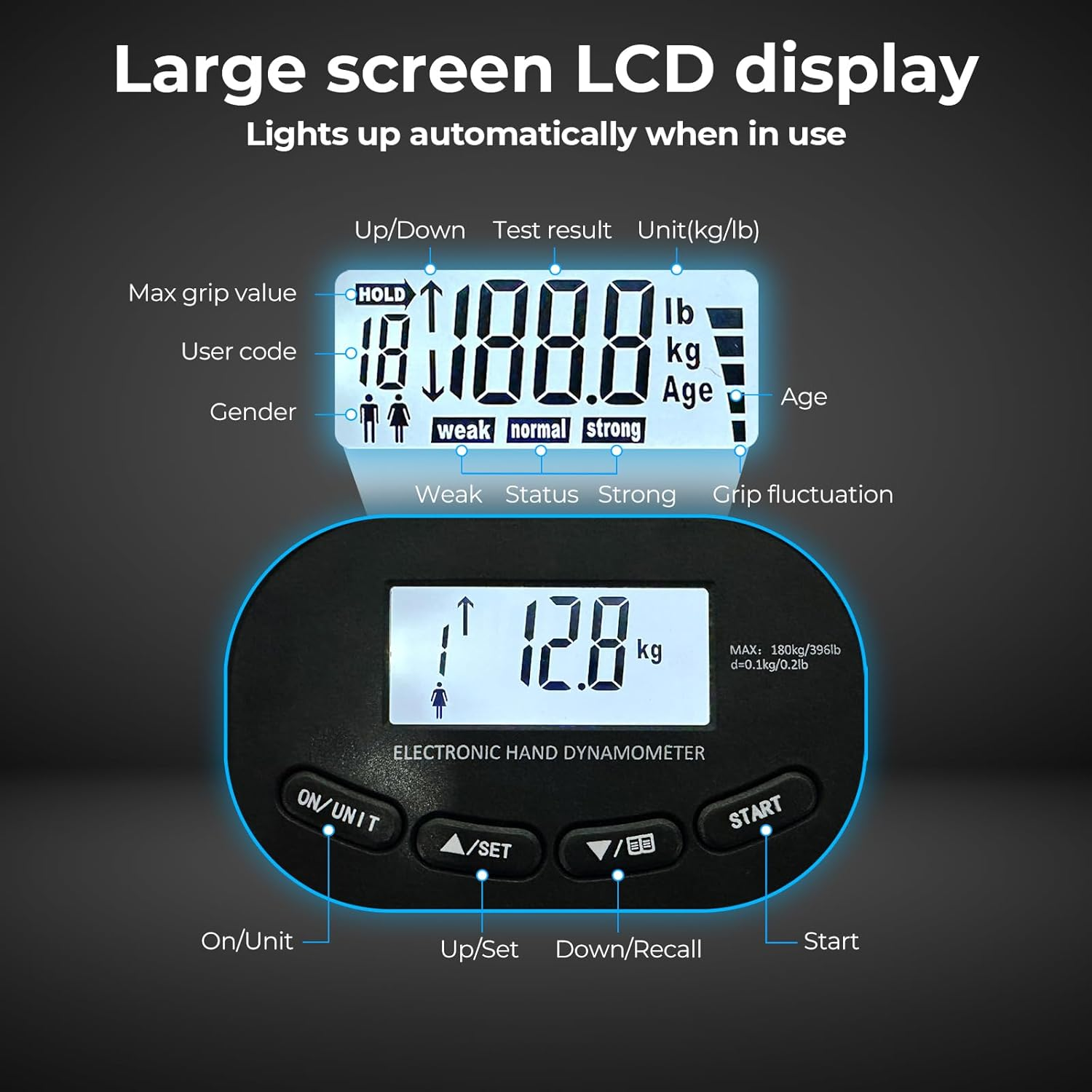 Centra Hand Dynamometer Grip Strength Trainer, Digital Hand Grip Strength Tester, Grip Strength Measurement Exercise,Auto Capturing Electronic Hand Grip Power 180Kgs for Sport Home School Use image number 6