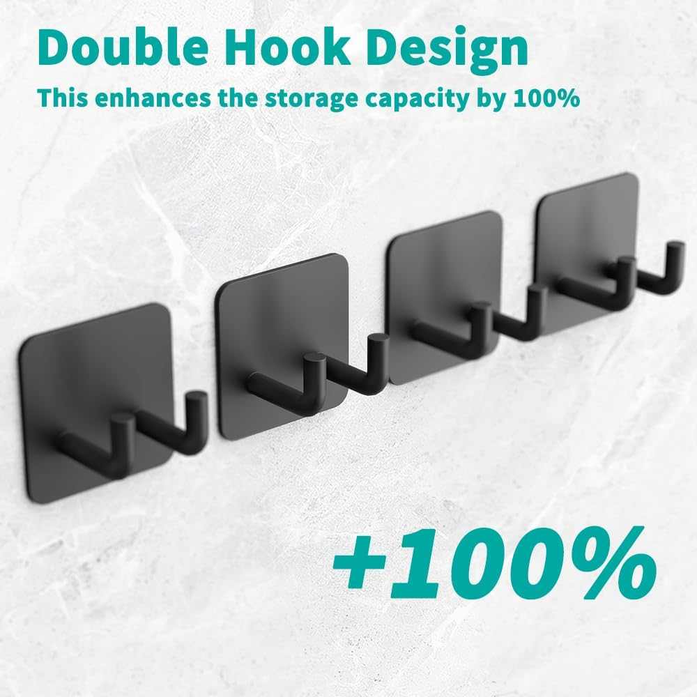 4 Pack Stainless Steel Wall Hooks,3M Self Adhesive Double Hooks，Gabeeriso Black Wall Mount Hook for Key,Bathroom Towel Hook,No Drill Razor Holder,Suitable for Bathroom, Kitchen, Home Toilet. image number 2