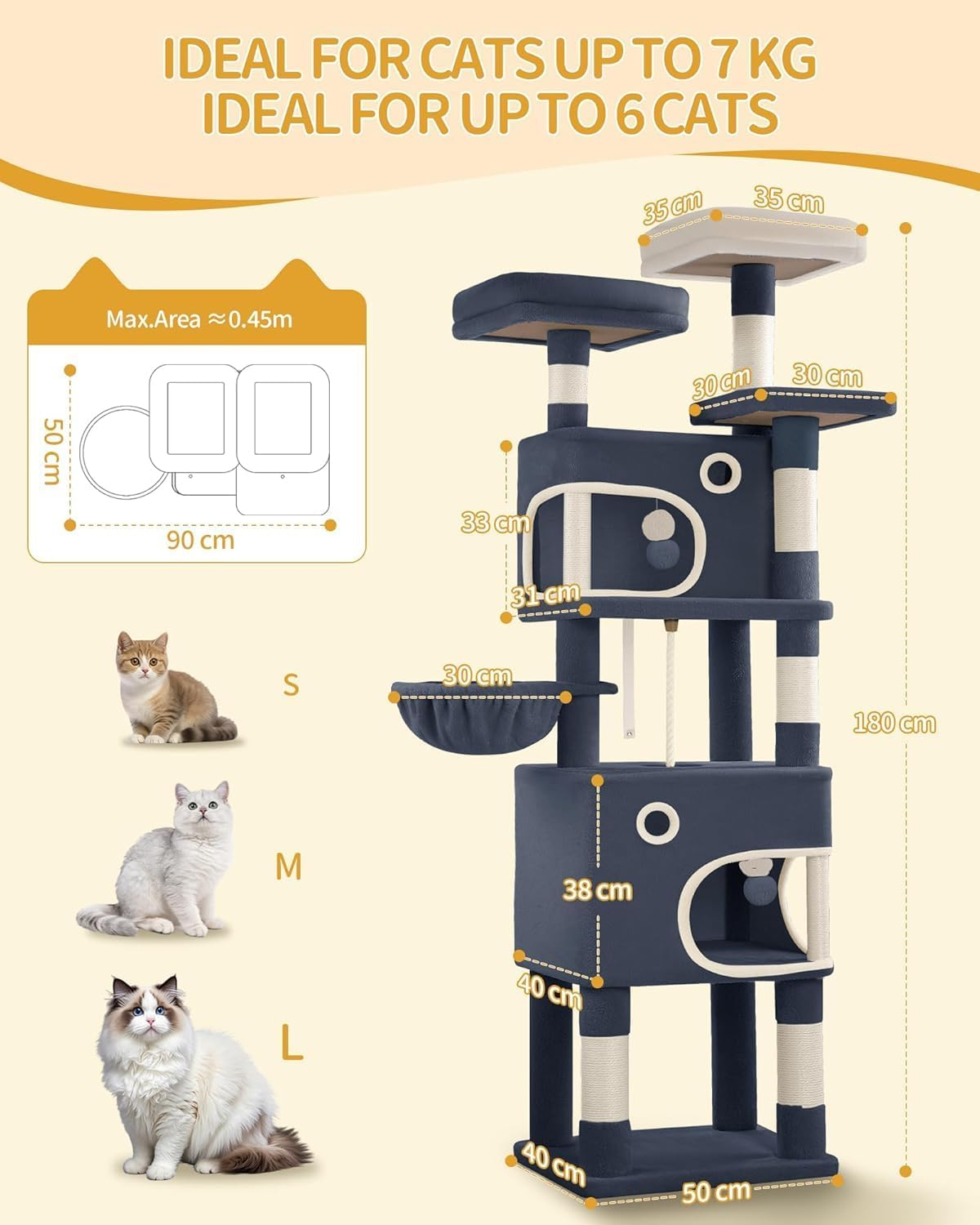 Hzuaneri Cat Tree for Indoor Cats, Cat Tower, Multi-Level Cats Condo with 8 Scratching Posts, 3 Platforms, 2 Caves, Basket, Plush Balls, Sisal Rope, Anti-Tip Kit, 180Cm Dark Gray MS18018SG image number 7