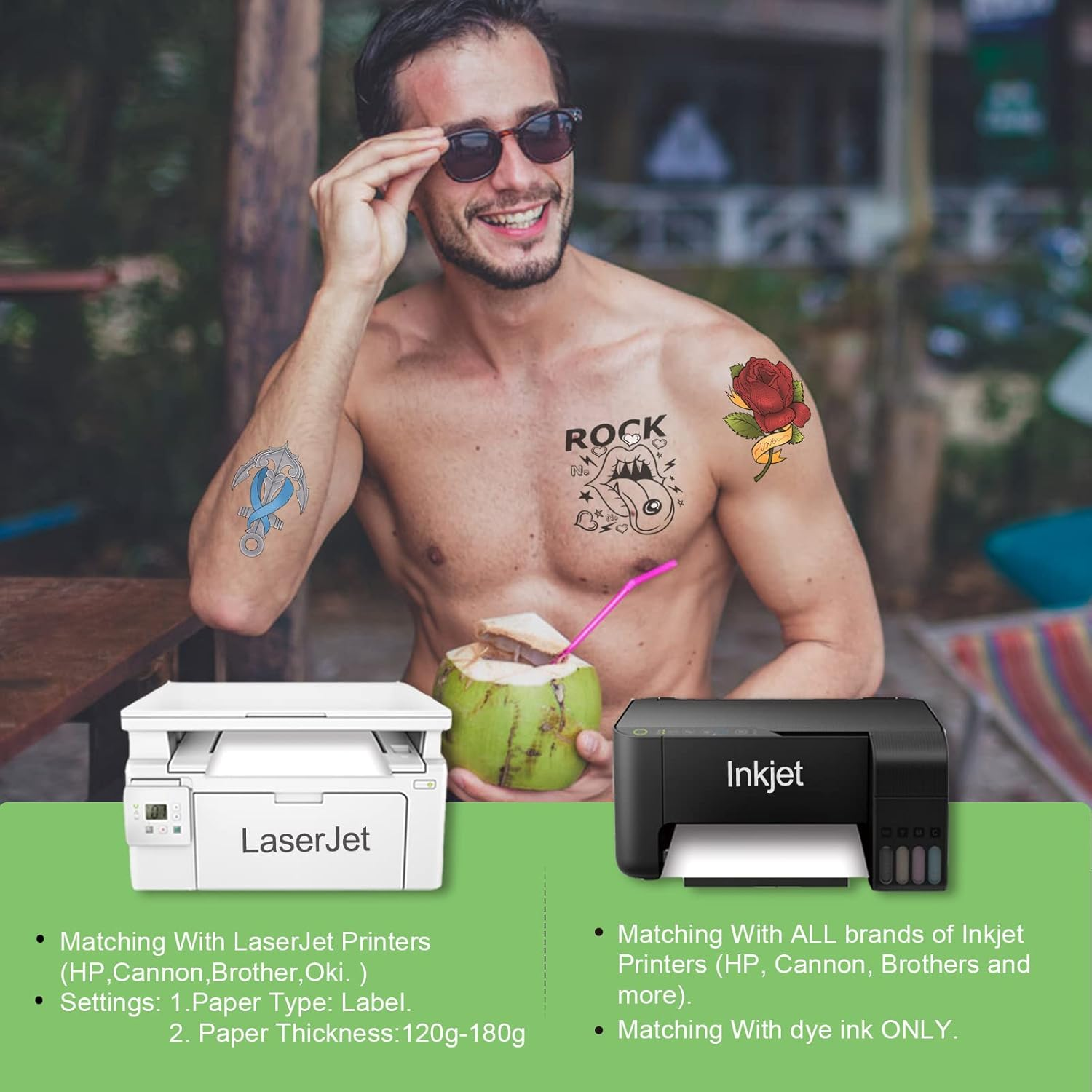 15 Sets A4 Tattoo Transfer Paper Printable Waterproof Temporary Tattoo Paper for Inkjet & Laser Printers(A4 Size+15 Sets) DIY Temporary Tattoos Stickers (Transparent) image number 3