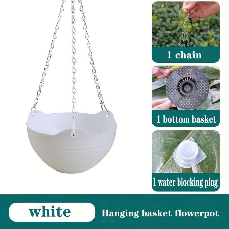 Hanging Planters for Indoor Plants, 3Pcs Hanging Baskets for Outdoor Plants with Drainage Holes and Chain, round Plastic Flower Pots, Hanging Flower Pots for Balcony Garden Decor-White image number 2