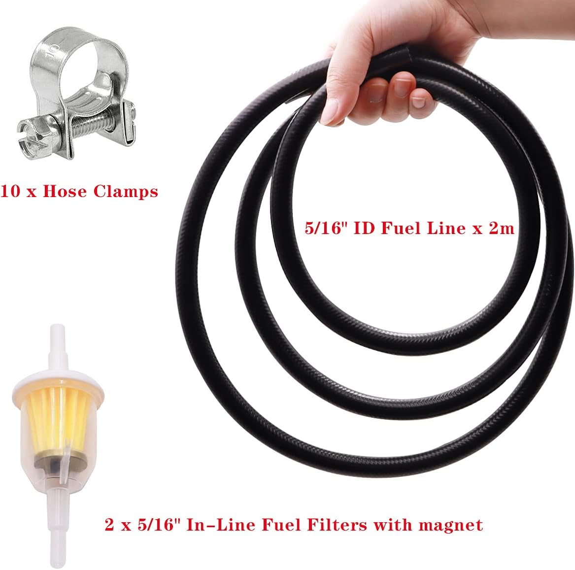 Tnisesm 5/16"(8MM) Inch ID Fuel Line Kits, 2 Meter / 6-Foot Fuel Line + 2Pcs 1/4 Inch X 5/16 Inch Gas Inline Fuel Filters with Magnet +10 Pcs 15/32''-9/16'' Mini Fuel Hose Clamps Adjustable image number 3