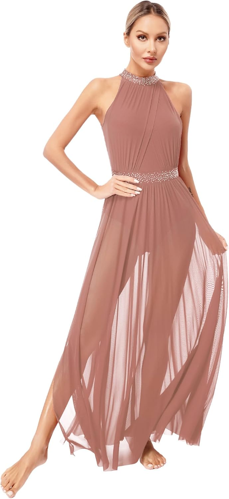 Manyakai Women'S Rhinestones Halter Neck Lyrical Dance Dress Gymnastic Dance Leotard Maxi Dress Flowy Tulle Dress