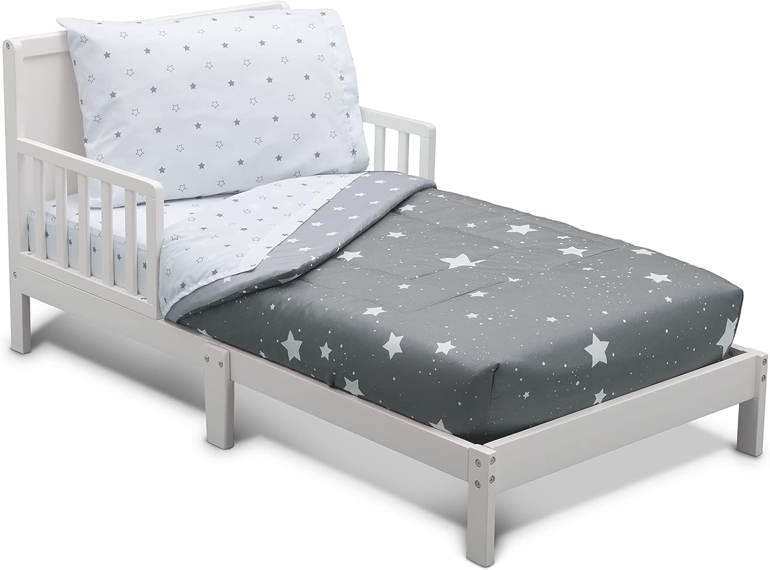 Delta Children 4 Piece Toddler Bedding Set for Boys - Reversible 2-In-1 Comforter - Includes Fitted Comforter to Keep Little Ones Snug, Bottom Sheet, Top Sheet, Pillow Case - Dusty Skies, Grey Stars image number 3