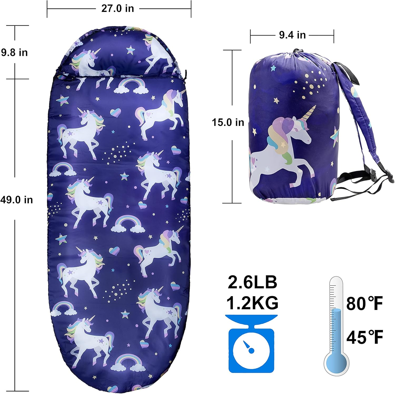 Kids Sleeping Bags for Girls and Boys &ndash; Unicorn Rainbow | Space Dinosaur &ndash; Rioyalo YOLO 45 Camping Sleeping Bags for Kids with Carry Bag - Outdoor and Indoor image number 1