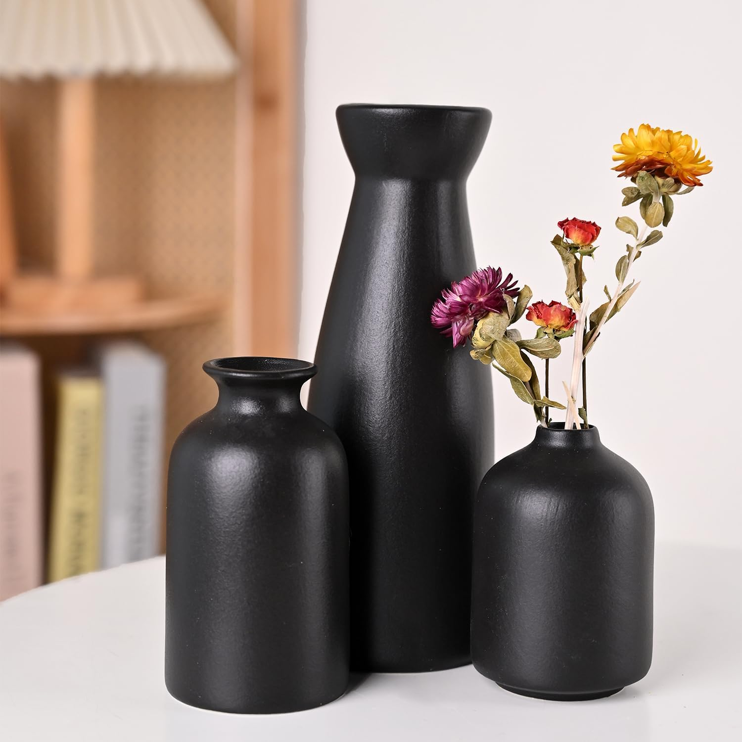Black Ceramic Vase Set-3 Small Flower Vases for Decor Boho Vase Distressed Farmhouse D&eacute;cor, Pottery Decorative Flower Vase for Home Decor, Table, Living Room Decor, Idea Shelf image number 6