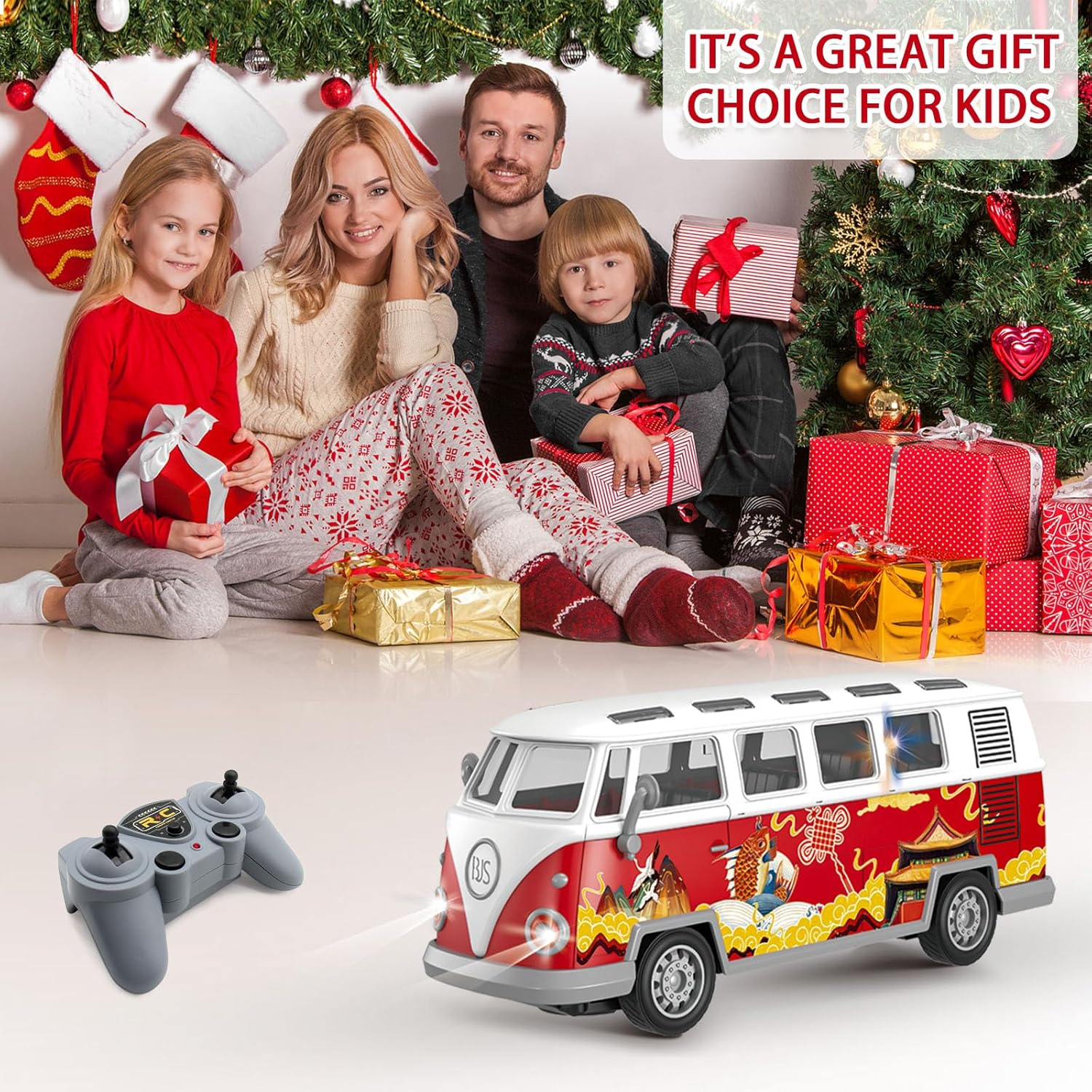 Spobot Remote Control Bus 2.4G Remote Control 1962 Volkswagen Classic Bus with Decals Retro Truck Model with Lights Sound Electric Vehicle Playsets Cars for Kids Toy image number 4