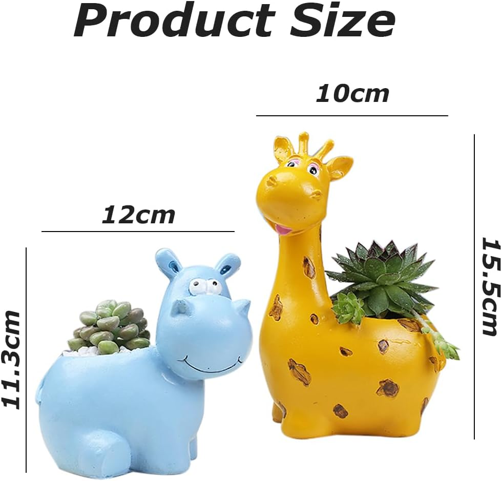 2 Pcs Animal Succulent Planter Pot with Drainage Hole, Giraffe Shape Small Succulent Pots, Hippo Resin Flower Pot, Mini Flower Planter Cartoon Planter, Cartoon Plant Containers image number 6