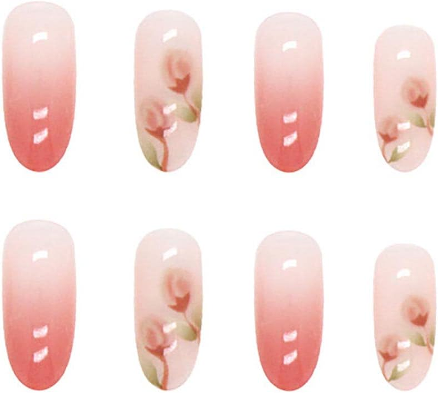 Rikview French Tip Press on Nails Medium Almond Nails 24 PCS Pink Flowers Design image number 1