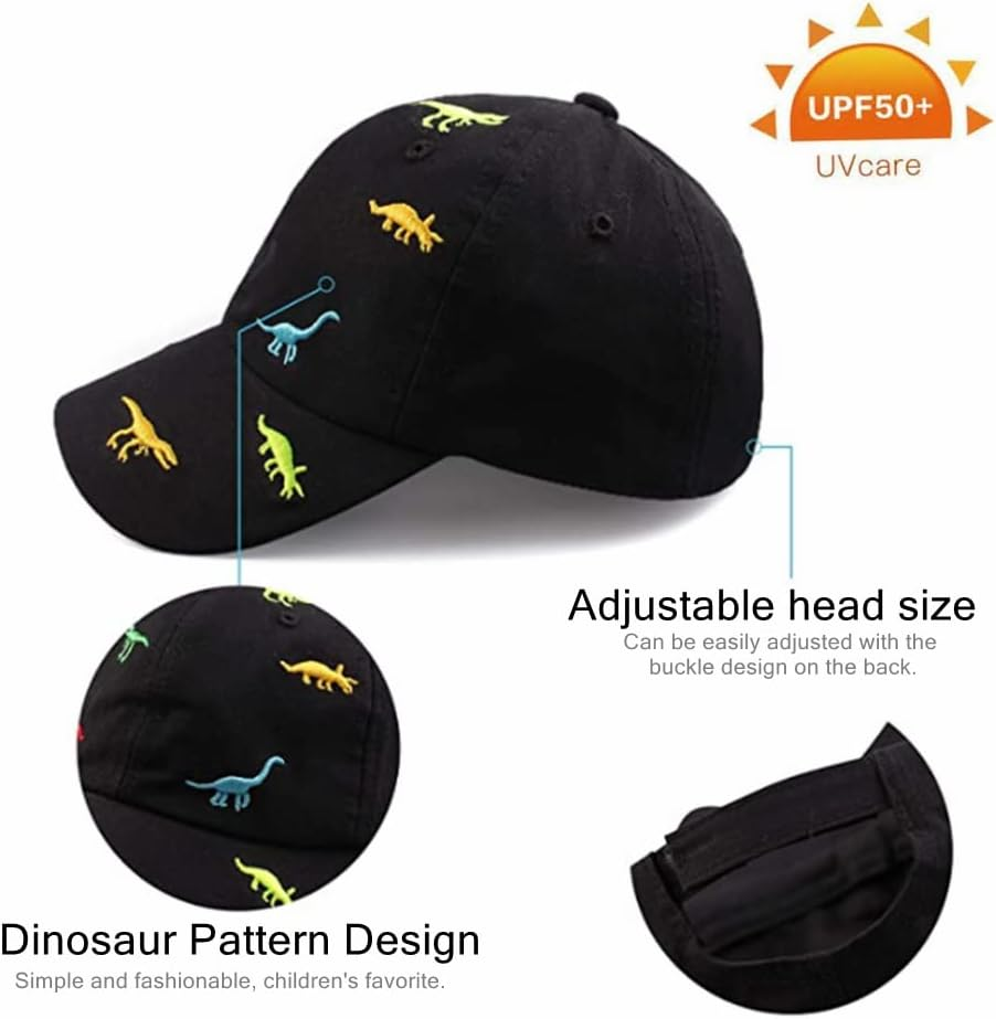 2-6 Years Children'S Dinosaur Baseball Cap Summer Sun Hat for Kids, Unisex Cotton Embroidered UV Protection Hat Golf Baseball Sports Cap Beanie Hat for Boy Girl Baby Infant Toddler - Black image number 3
