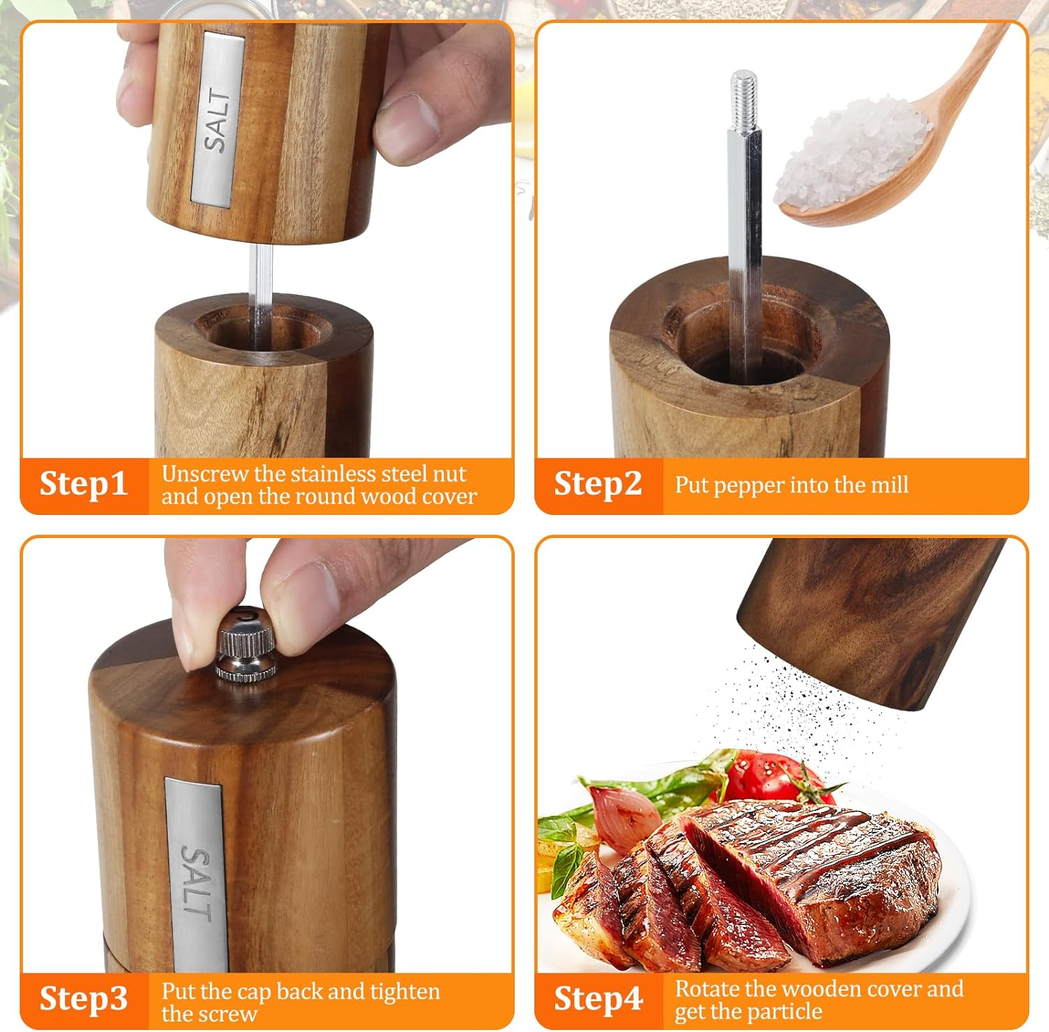 Wood Salt and Pepper Grinder Set,Salt Pepper Mill Grinder,Salt Grinder Set,Cylindrical Grinder Acacia Wood Pepper Mill Ceramic Core Manual Pepper Grinder image number 6