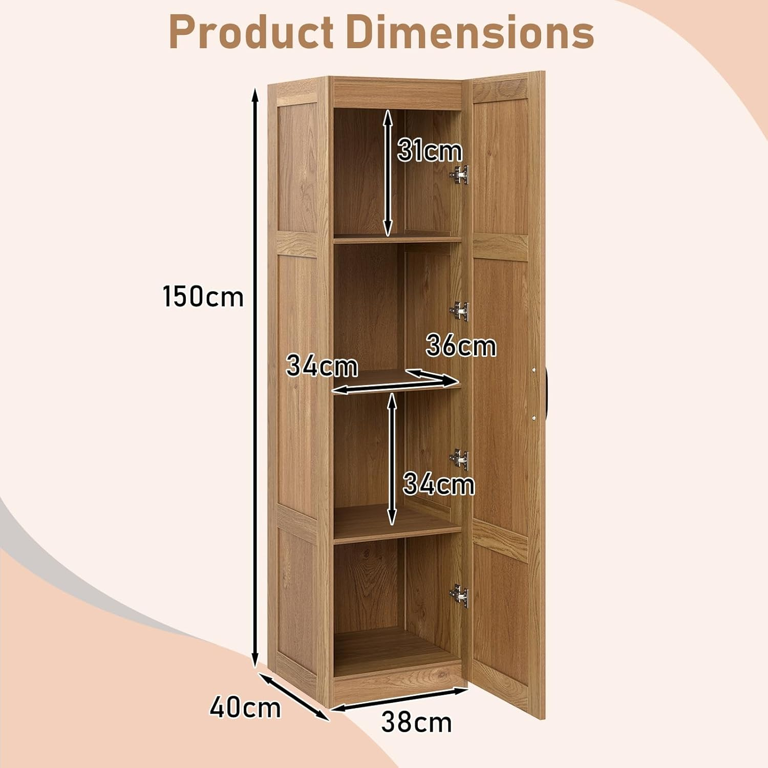 Giantex 150 Cm Tall Storage Cabinet, 4-Tier Freestanding Floor Cabinet with Door, Narrow Pantry Organizer for Dining Room, Kitchen, Utility Room, Living Room and Bathroom (Natural)
