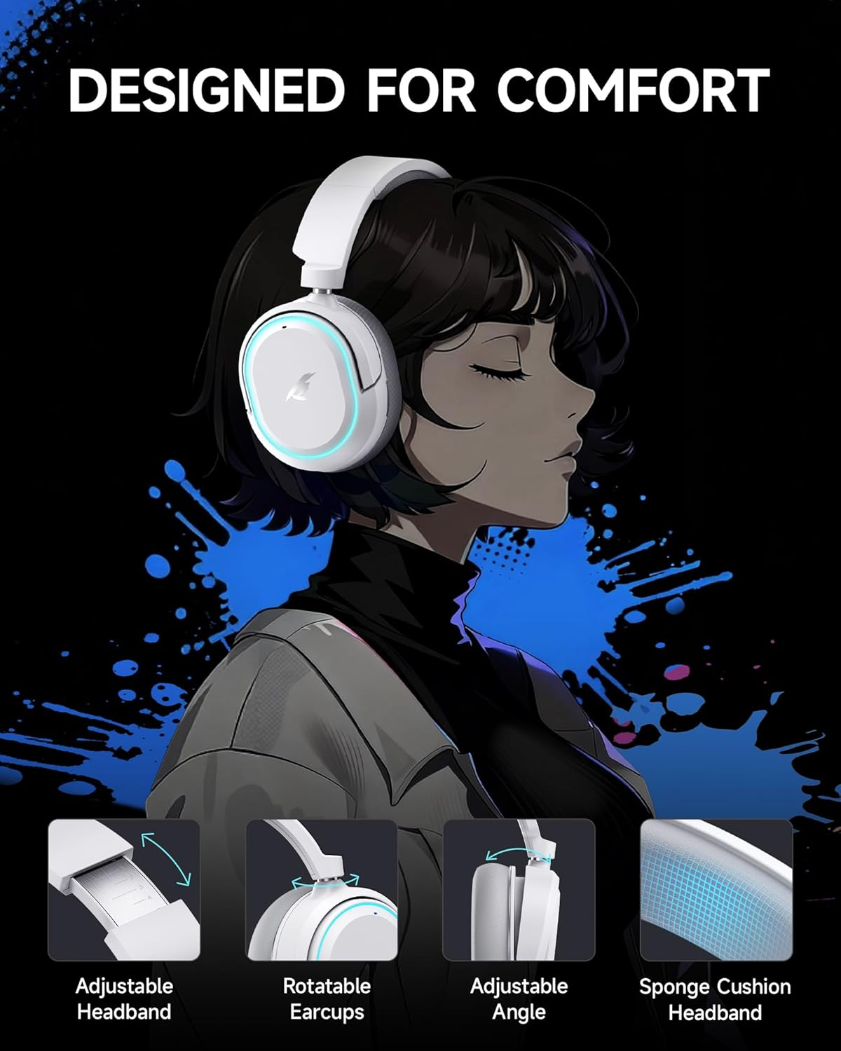 Picun G2 Wireless Gaming Headset, Over-Ear 7.1 Virtual Surround Sound, 2.4Ghz/Bluetooth 5.4/Wired, 5Ms Ultra-Low Latency, 100H Battery, ENC Noise-Canceling Mic, RGB, for PC PS5 PS4 Switch (Grey) image number 6