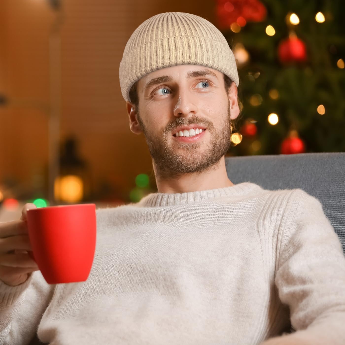 Wool Short Fisherman Beanie for Men Women, Knit Cuff Trawler Beanie Caps Winter Warm Hats - Beige image number 6