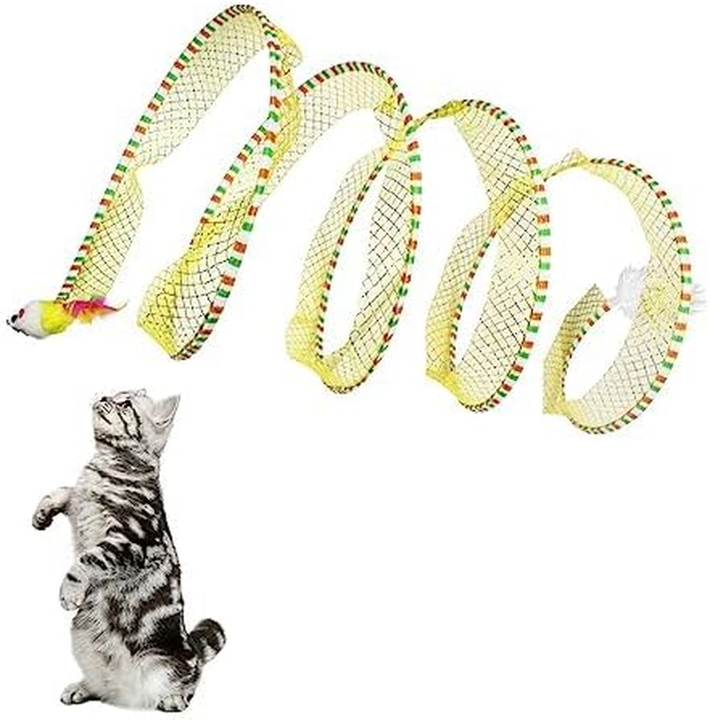 Andiker Cat Tunnel Toy, 10 Inch Foldable Metal Cat Feather Toy with Nylon Net, Feather, Mouse and Bell, Interactive Cat Toy for Indoor Cats (Yellow) image number 3