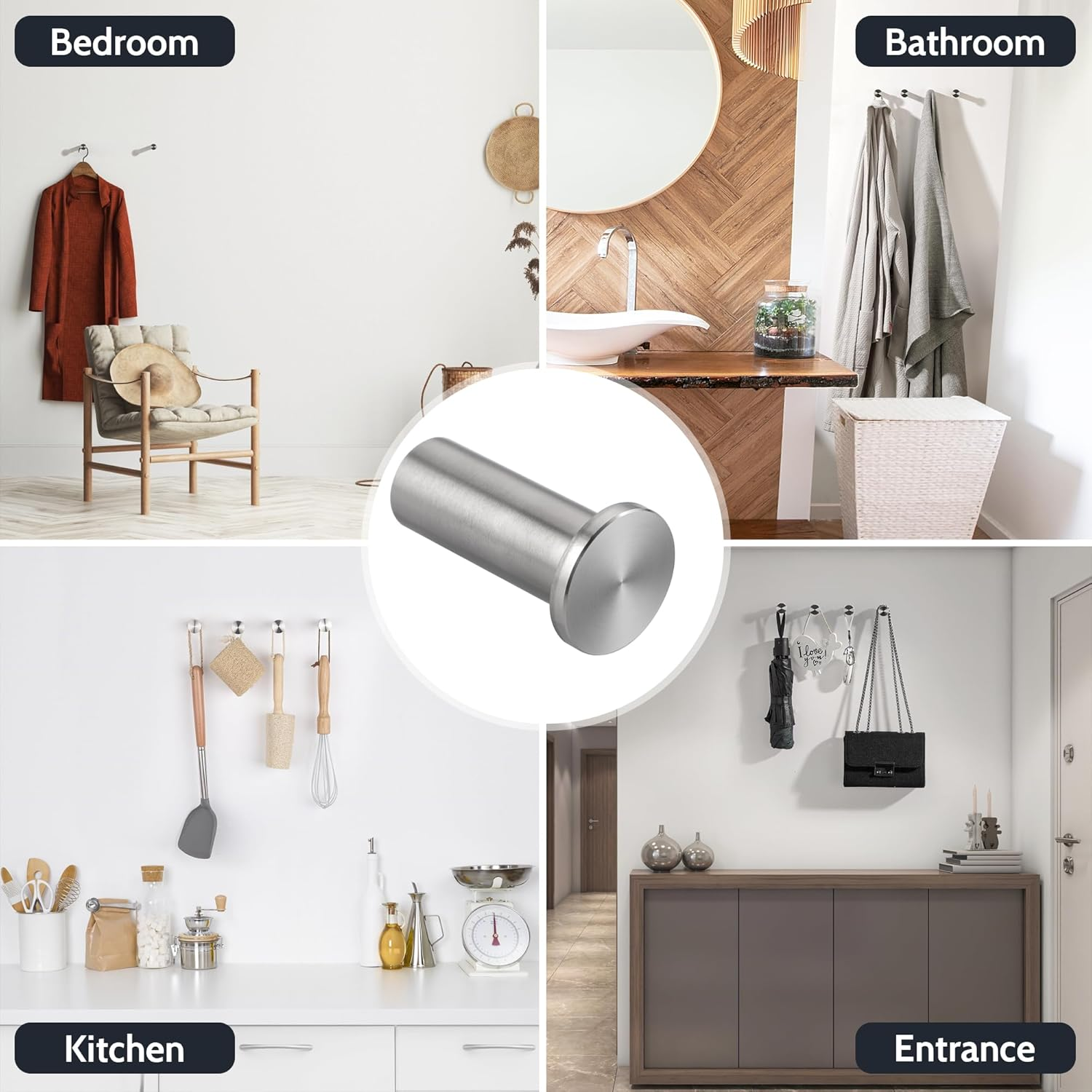 SAYAYO Modern Coat Hooks Wall Mount, Brushed Towel Hooks for Bathroom Robe Hooks, Heavy Duty Wall Hooks for Hanging, SUS 304 Stainless Steel 4 Pcs - Black image number 6