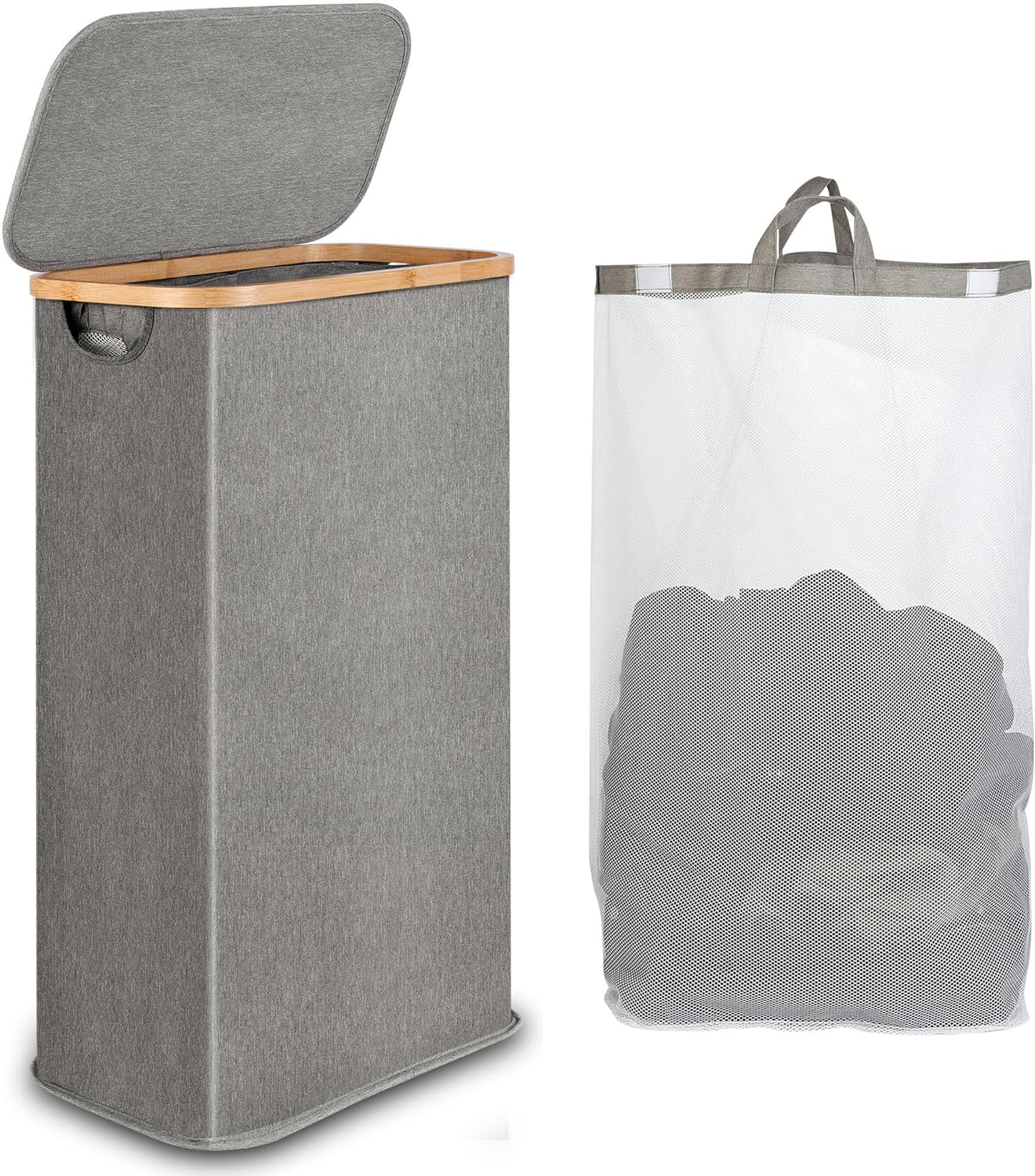 60L Slim Laundry Basket with Lid,Hampers for Laundry,Narrow Laundry Hamper with Removable Inner Bag & Bamboo Handles,Tall Thin Clothes Hamper for Clothes Toys Towels Organization（Beige ）