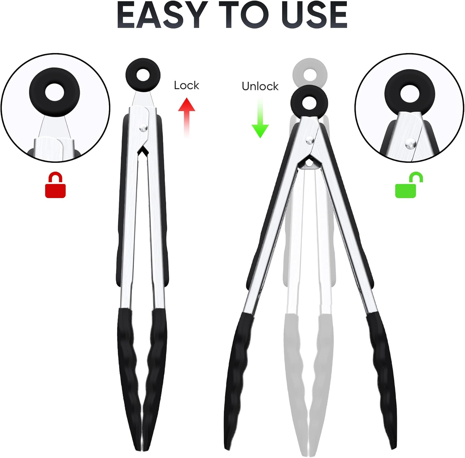 9 Inch Kitchen Tongs, Cooking Tongs with Silicone Tips and Stainless Steel Handle, Non Stick Heat Resistant Tongs for Cooking, Buffet, Salad Serving (9", Black) image number 2