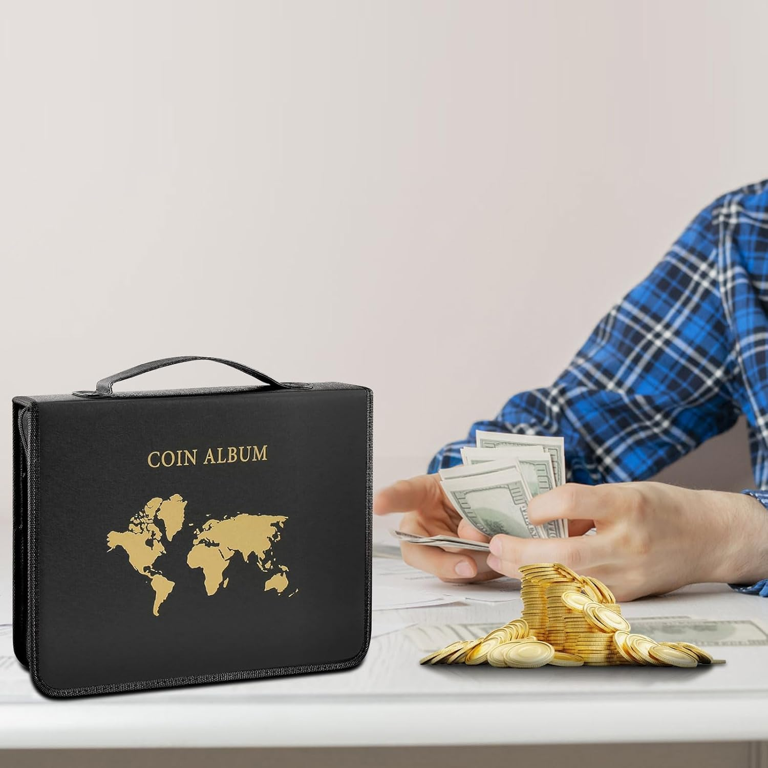 World Map Coin Collection Album for Collectors Holder, Expandable Coin Storage Book with Secure Zipper and Handy Handle Coin Storage Case Box for Coin Collection Holder, 260 Coin & 30 Bill Sleeves image number 4