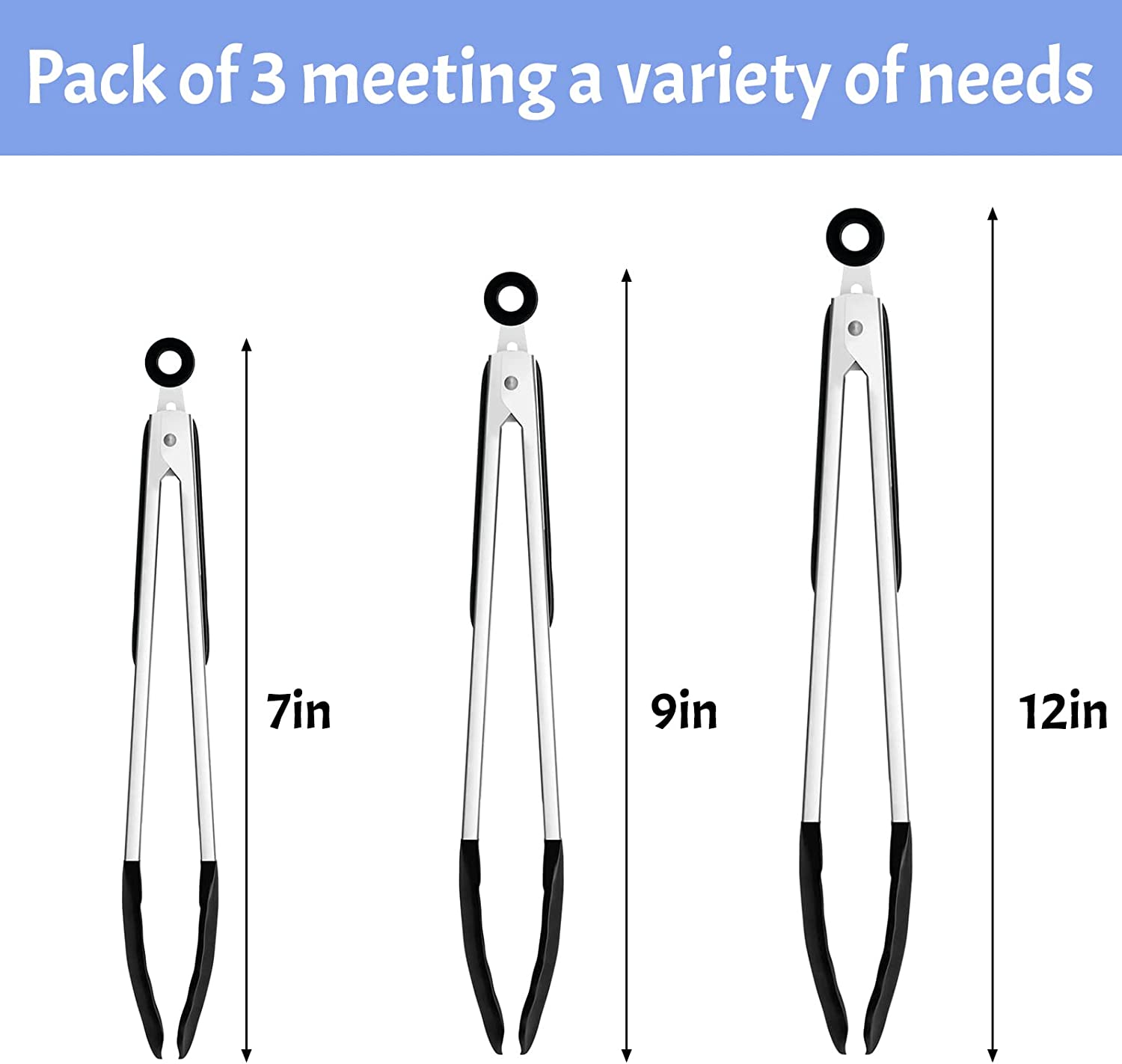 Kitchen Tongs Heat Resistant 480℉ - Set of 3 (7", 9" & 12"), Premium Stainless Steel Locking Cooking Tongs with Silicone Tips - Non-Stick & Non-Slip, Heavy Duty Food Tongs for Cooking, BBQ, Black image number 3