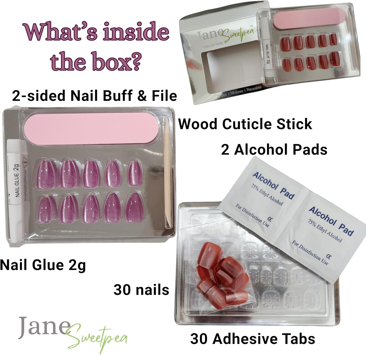 Dreamy Blue Skies Press-On Nails by Jane Sweetpea &ndash; Glossy Sky-Inspired Clouds Design, 30 Reusable Tips, Medium Squoval, Glue, Adhesive Tabs & Manicure Tools Included