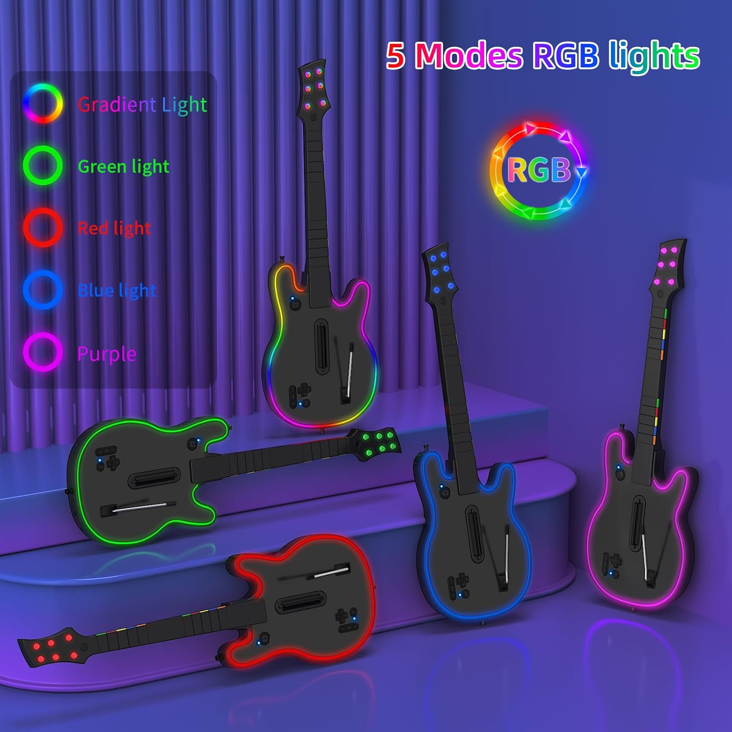 JJDWIN Wireless Guitar Hero Controller for PS4/PS3/PC with RGB Light, Rock Band & Clone Hero Games,  Festival with Strap & Wireless Dongle,Black image number 4