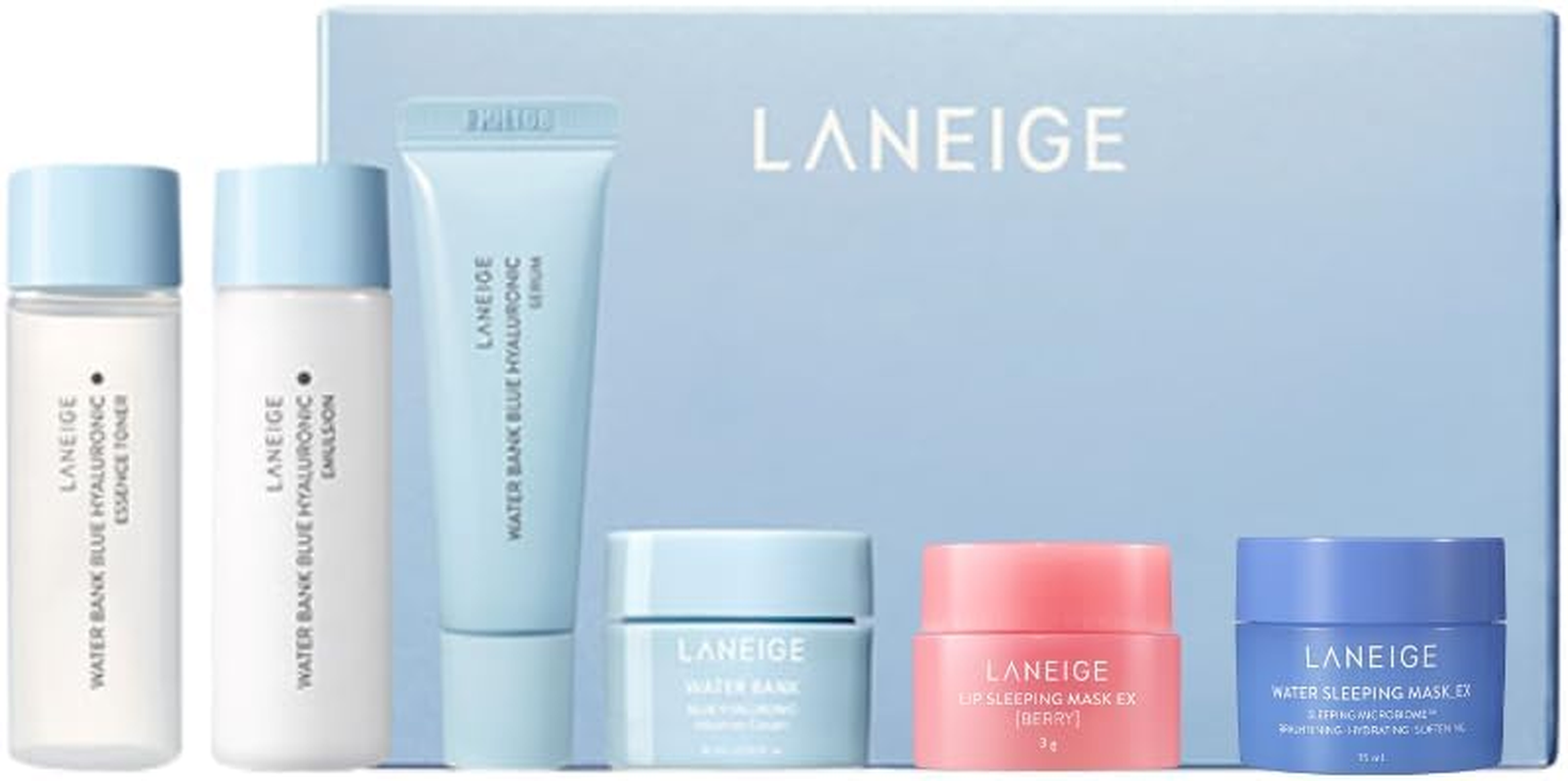 Water Bank Blue Hyaluronic 4-Step Travel Kit for Normal to Dry Skin . Toner 25Ml, Emulsion 25Ml, Serum 10Ml, Moisture Cream 10Ml with Extra Mini Water Sleeping Mask EX 15Ml and Lip Sleeping Mask 3G. Korean Beauty Trial Set for Laneige.