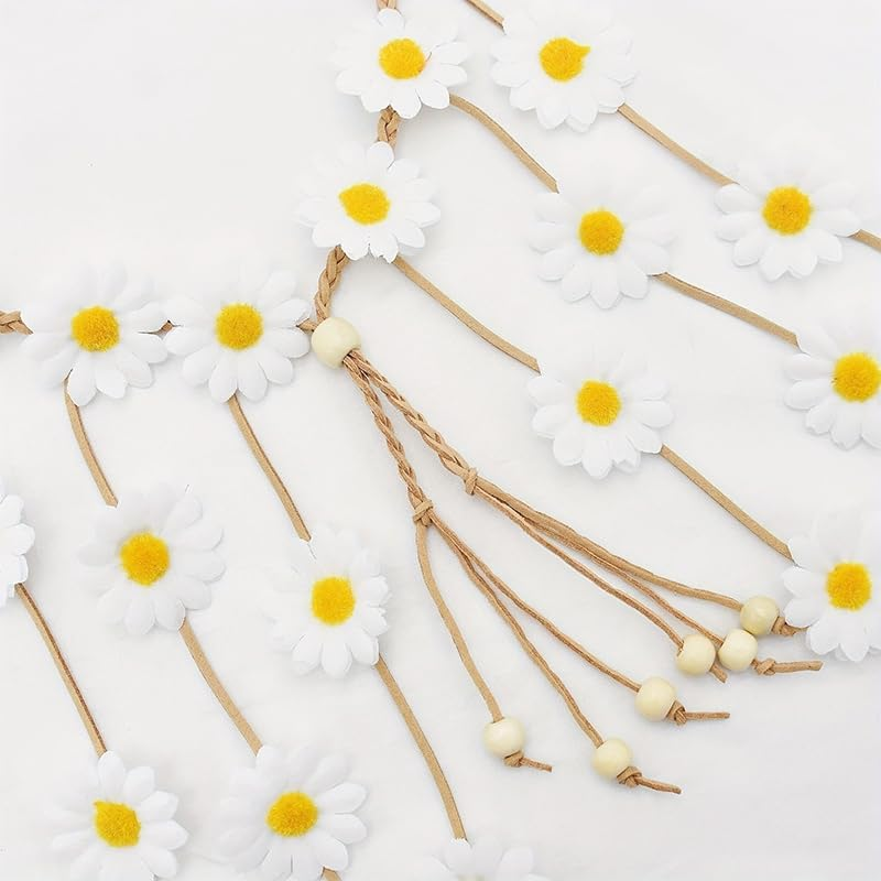 ANCLLO Daisy Hair Accessories Bohemian Daisy Headband Sunflower Crown Adjustable Tassel Hair Scrunchie Flower Headband Travel Flower Headpiece Women Cosplay Costume (White) image number 2