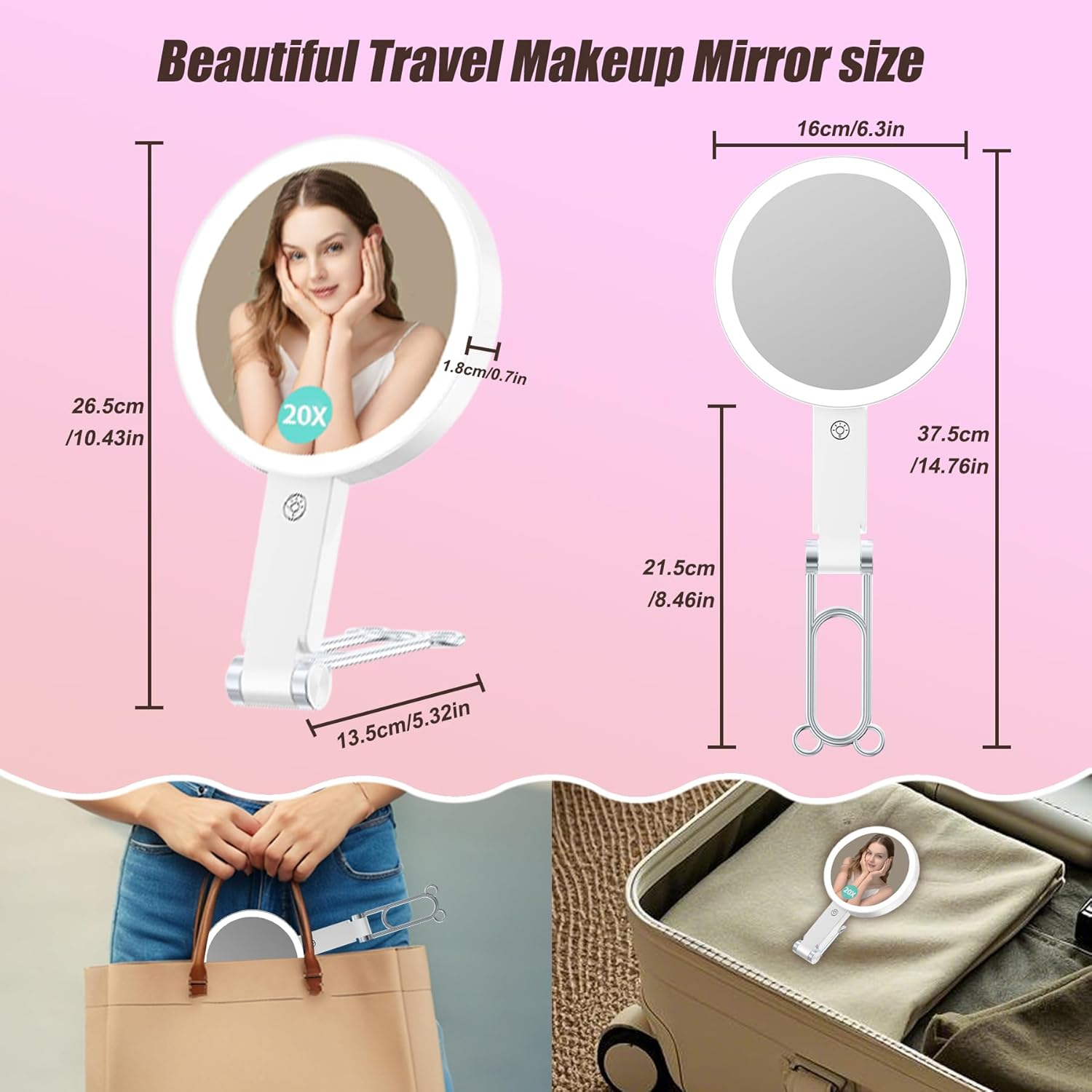 YQDUVNEY 20X Magnifying Mirror with Light Rechargeable Makeup Mirror, 3 Color Lighting Vanity Mirror, Portable Travel Handheld Mirror for Women image number 3