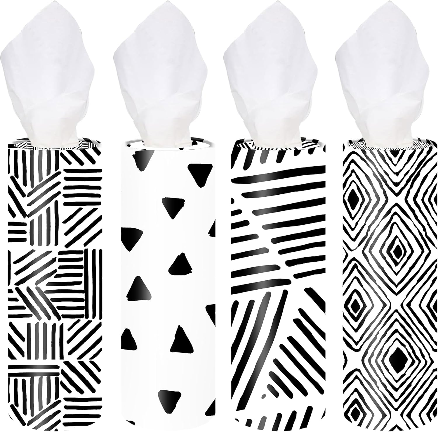 4-Pack Car Tissue Cylinders - 1980S Geometric Pattern, Fits Car Cup Holders, Travel Tissue Tubes with Facial Tissues (Geometric Design)