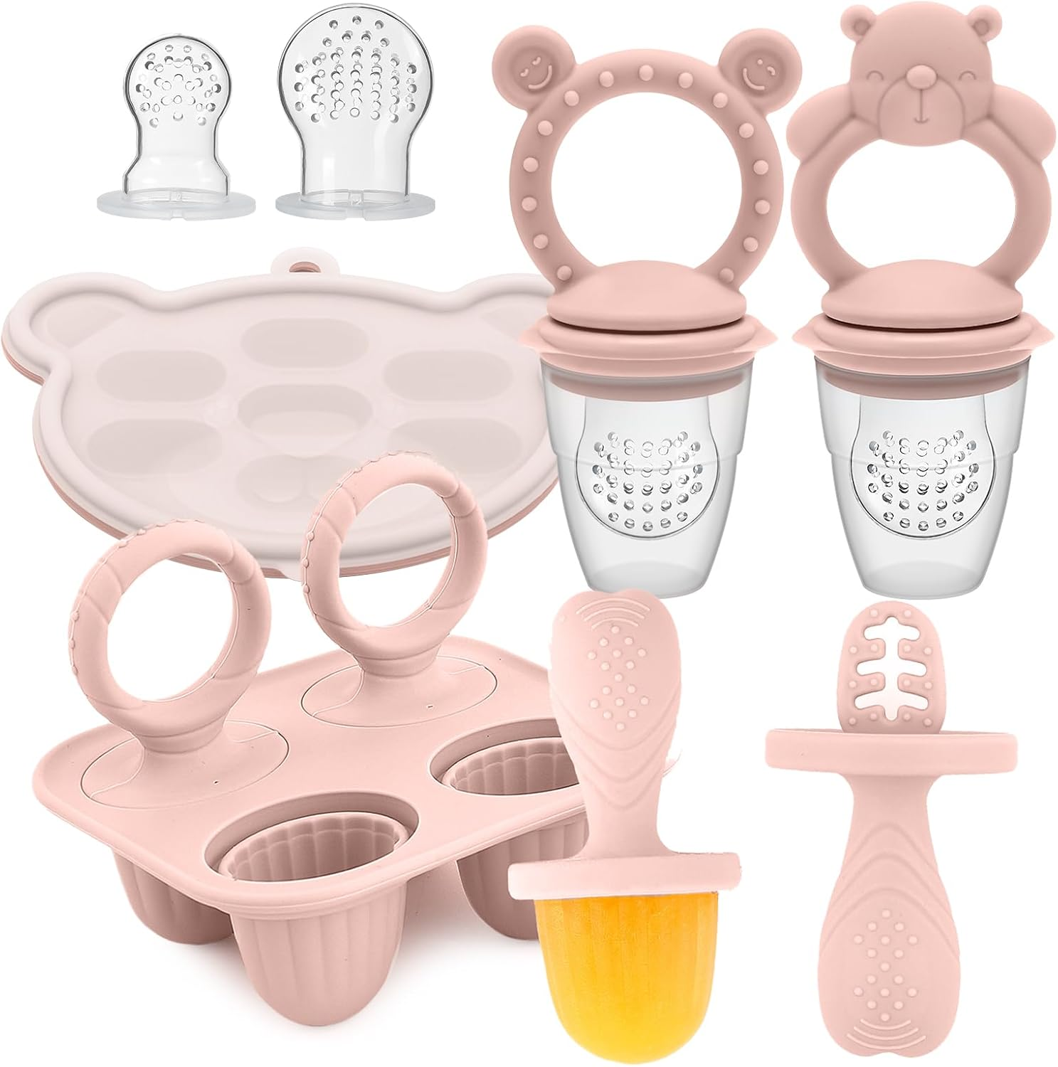 MR.TIMELAG Baby Fruit Feeder & Popsicle Molds 6-In-1 Set - Silicone Teething Mitts, Freezer Trays, Pacifiers & Ice Lolly Makers (Pink Bear + Smiley) - Bpa-Free Infant Feeding & DIY Frozen Treat Kit image number 2