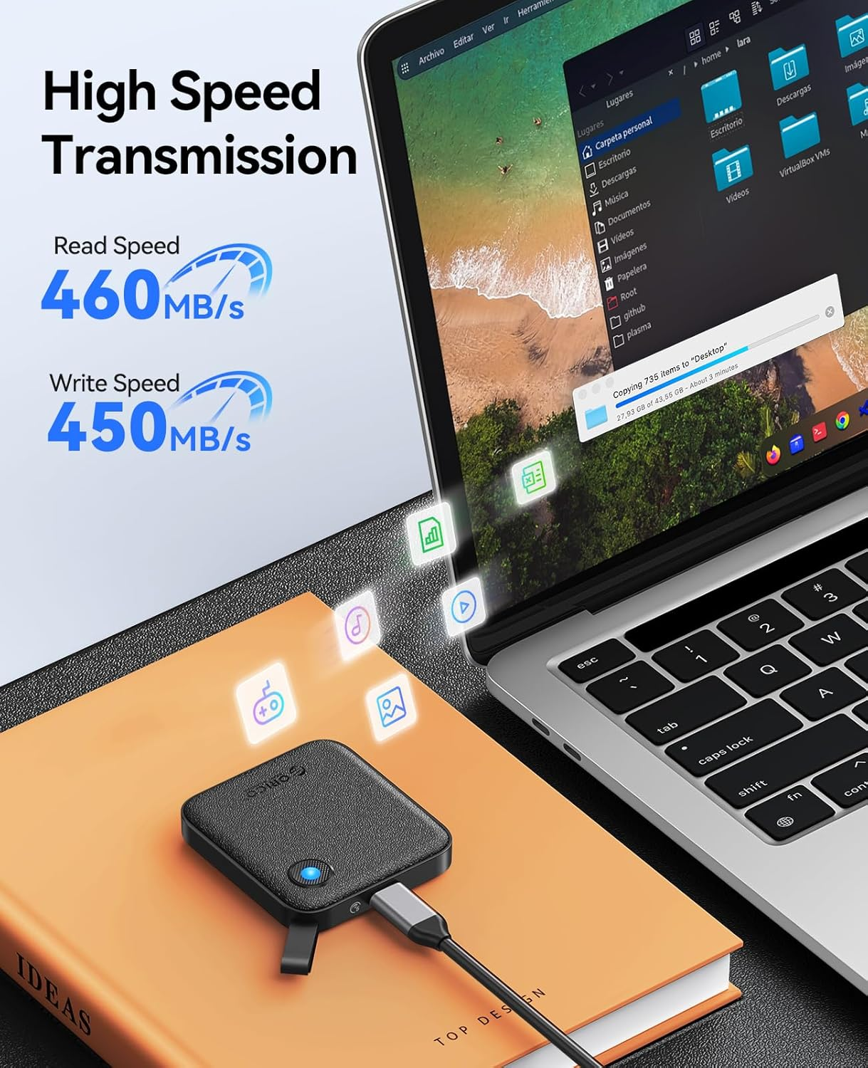 ORICO Portable SSD 2 TB with 2 in 1 USB C Cable, External Solid State Drives, up to 460Mb/S, Status Indicator, Reliable Storage for USB-C Smartphone, Tablet, PC - B5PLUS image number 5