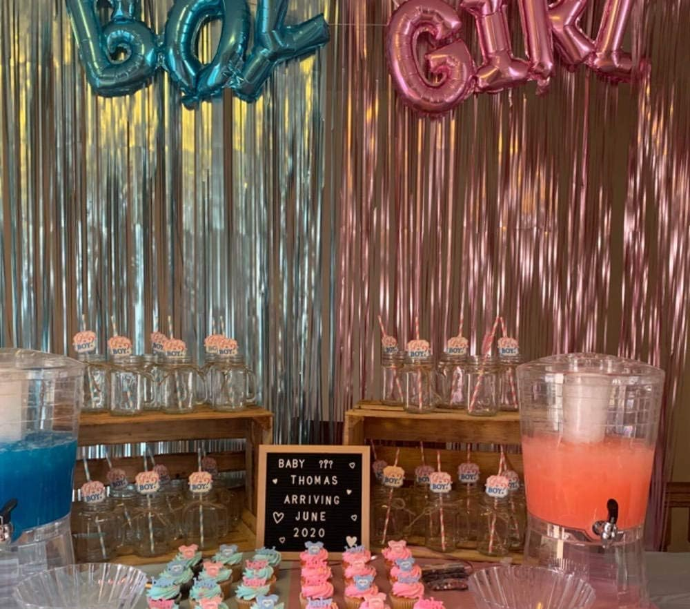 Gender Reveal Party Decor, Boy or Girl Foil Balloons, Boy or Girl Gender Reveal Balloons Garland with Pink and Blue Metallic Foil Fringe Streamer Curtains(With Adhesive Tape)