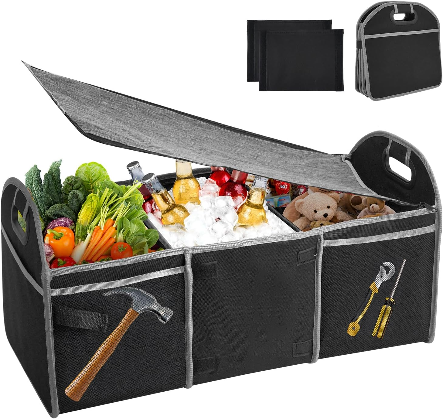 Car Boot Organiser with Lid, Collapsible Cargo Trunk Storage with Build-In Insulated Cooler Bag, 600D Oxford Polyester Suv/Sedan Organizer Car Accessories for Women Men (3 Compartments, Black) image number 6