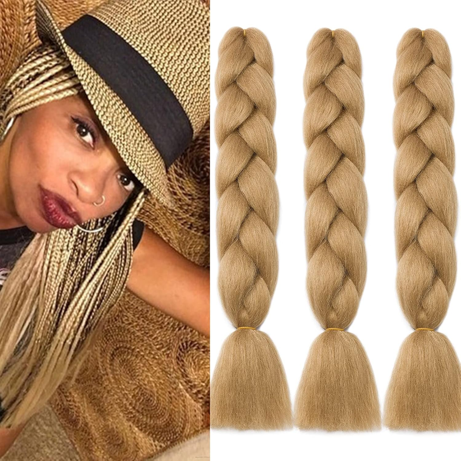 60 Cm Braids Synthetic Hair Jumbo Braiding Hair Extension Hair Synthetic Braiding Crochet Hair Pieces 3 Pieces 100 G/Bundle (A-Dark Blonde) image number 2