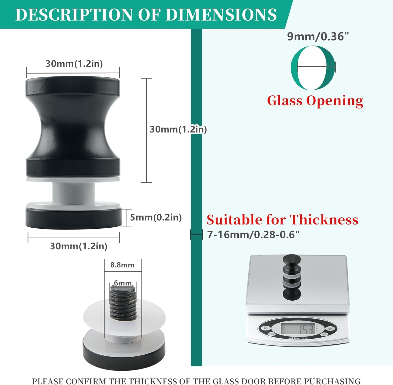 Alise Shower Door Handle, Sliding Shower Doors Knob, Heavy Duty Solid SUS304 Stainless Steel Knobs, One Sided Pull Hardware Replacement Parts for Bathroom Glass Doors, Black Finish image number 2