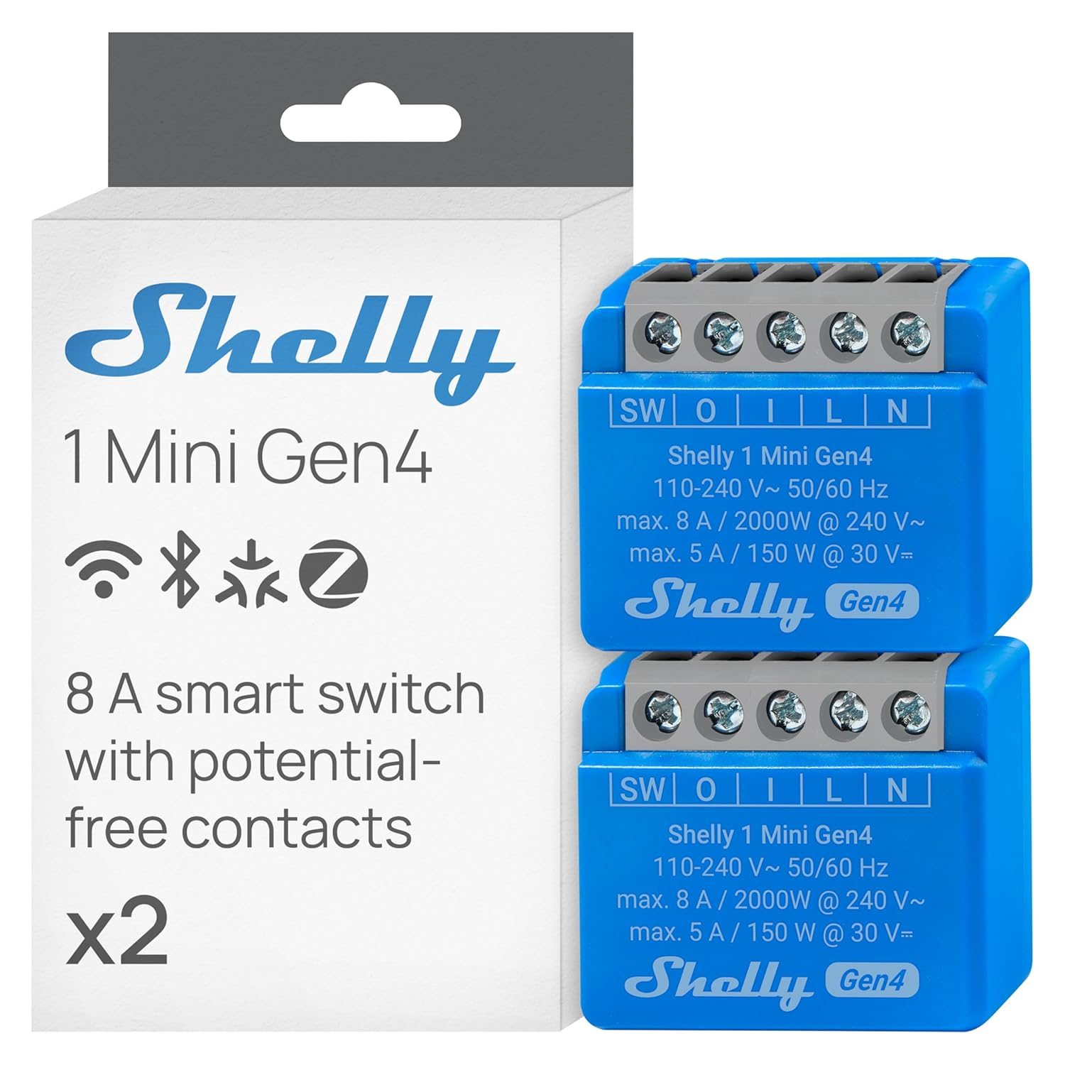 Shelly 1 Mini Gen4 Wifi Smart Relay Switch, 1 Channel, 8A, Potential-Free Contact, Home Automation, Remote Control, No Hub Required, Alexa, Google Home, Apple Homekit, Zigbee & Matter (Pack of 2)