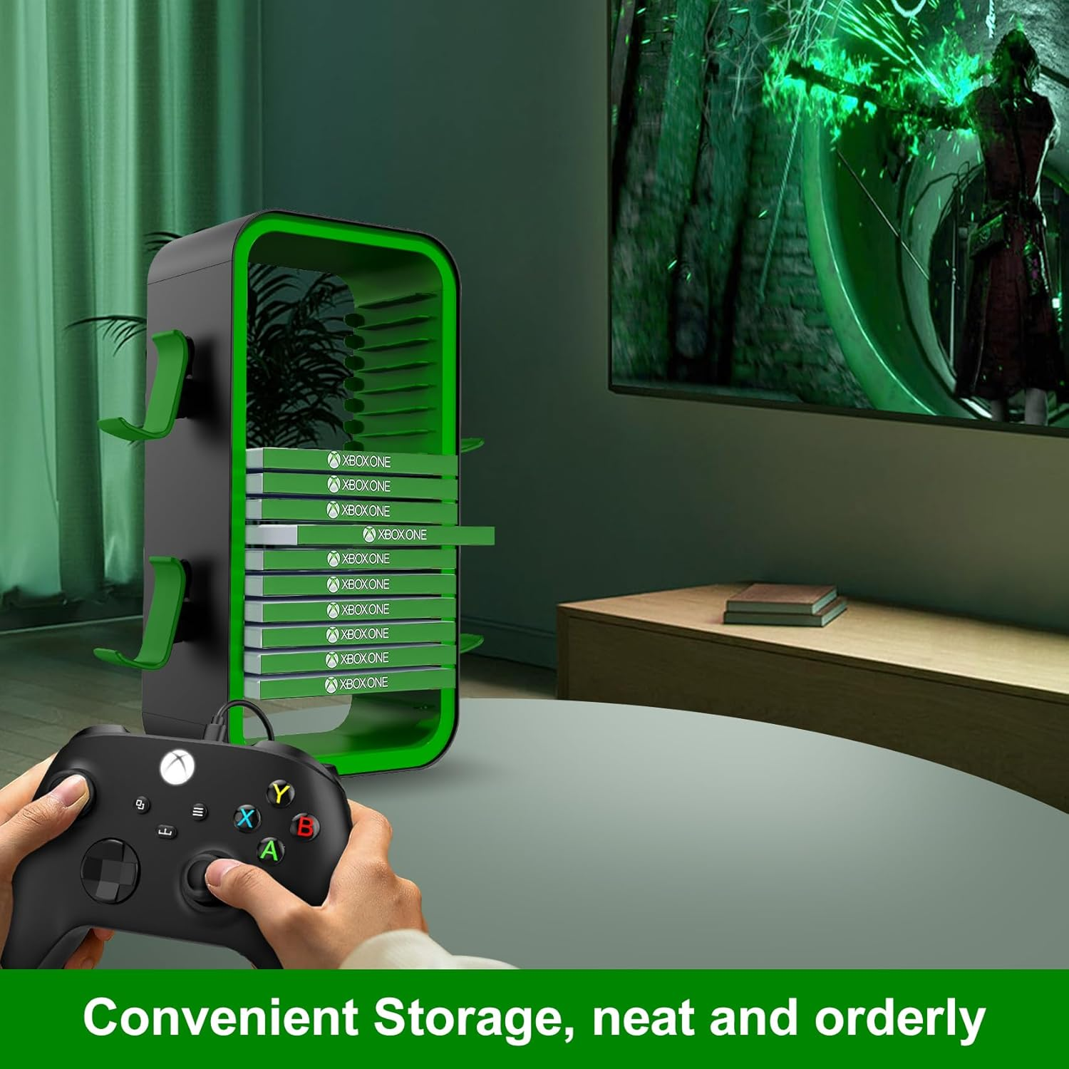 Oyo-1【40Cm】Game Storage Tower Compatible with PS5/ Xbox Series S & X/Switch, Universal Video Games Discs Organizers 18 PCS with 4 Controllers Holder, Game Disk Box Stand. (Black/Green) image number 2