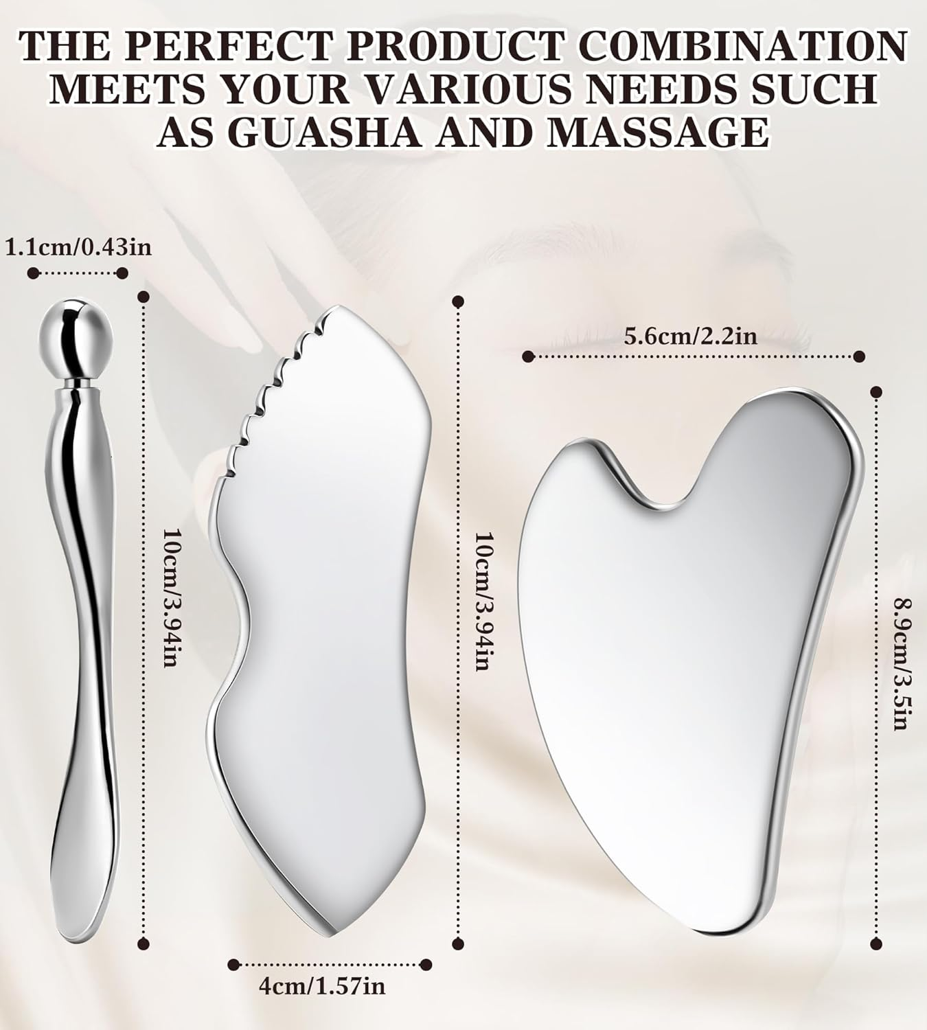 Gua Sha Facial Tools, 3 in 1 Stainless Steel Metal Guasha & Eye Cream Applicator Facial Sculpting Tool Set Eye Massager Lymphatic Drainage for Face Neck image number 4