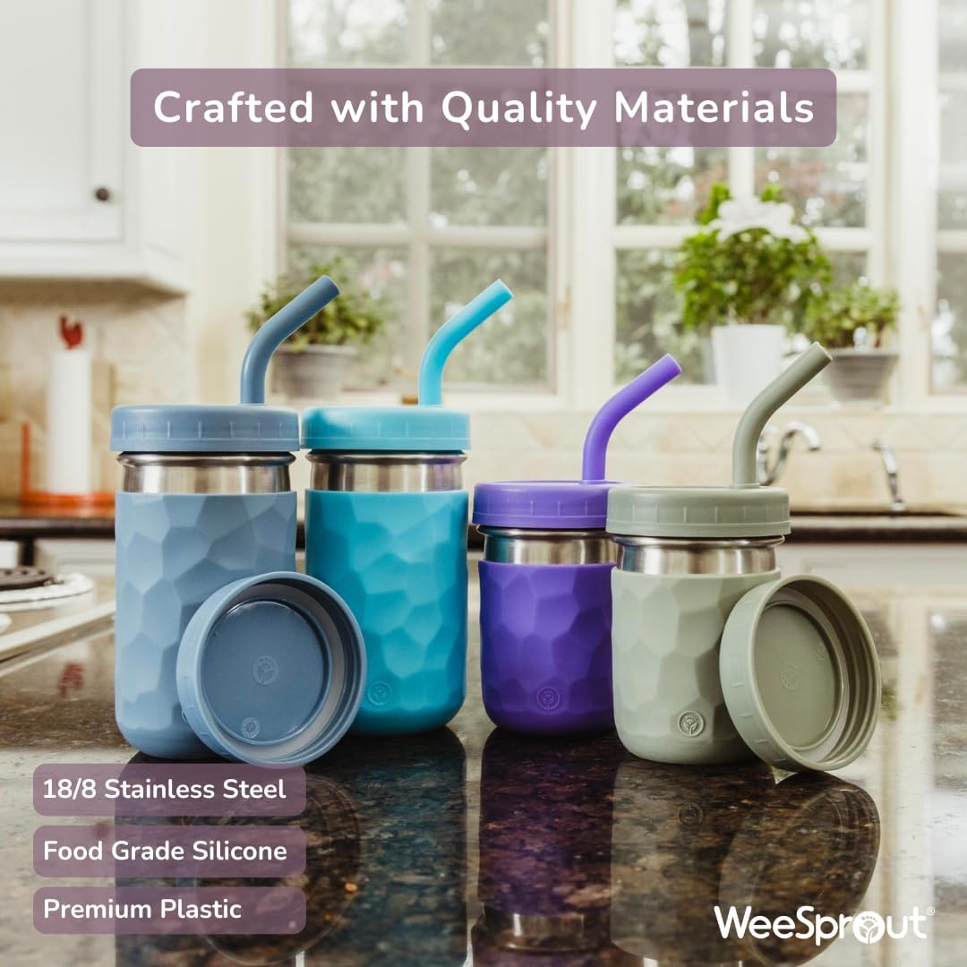 Weesprout 2-In-1 Drinking Cups for Kids, Stainless Steel Cups for Smoothies, Silicone Straws with Straw Stoppers, Premium Plastic Twist Lids, Easy-Grip Sleeves, Set of 4 Dishwasher Safe Kid Cups image number 5