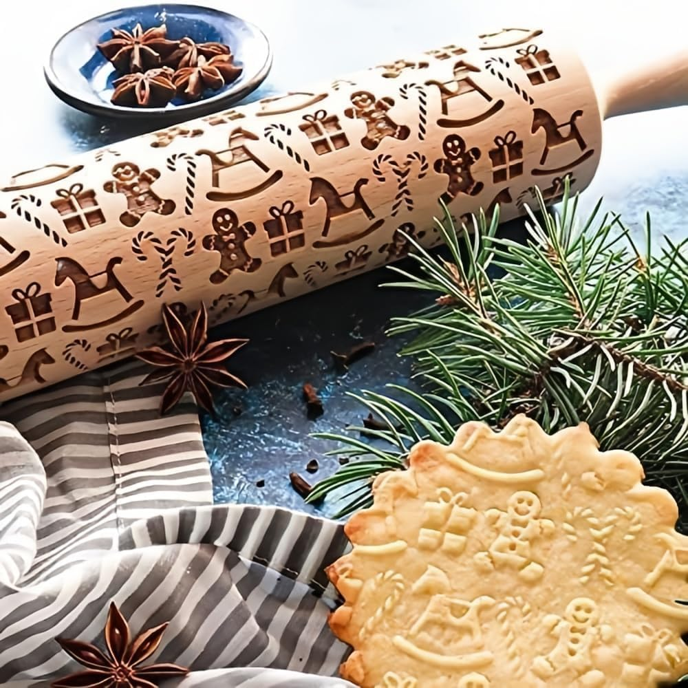 Xtmas Woden Rolling Pin for Baking,Engraved Embossing Rolling Pin Cookie Stamps Roller Square Grid Cookies Mold Kitchen Decor Tools for Kids Adults (Gingerbread Man) image number 1