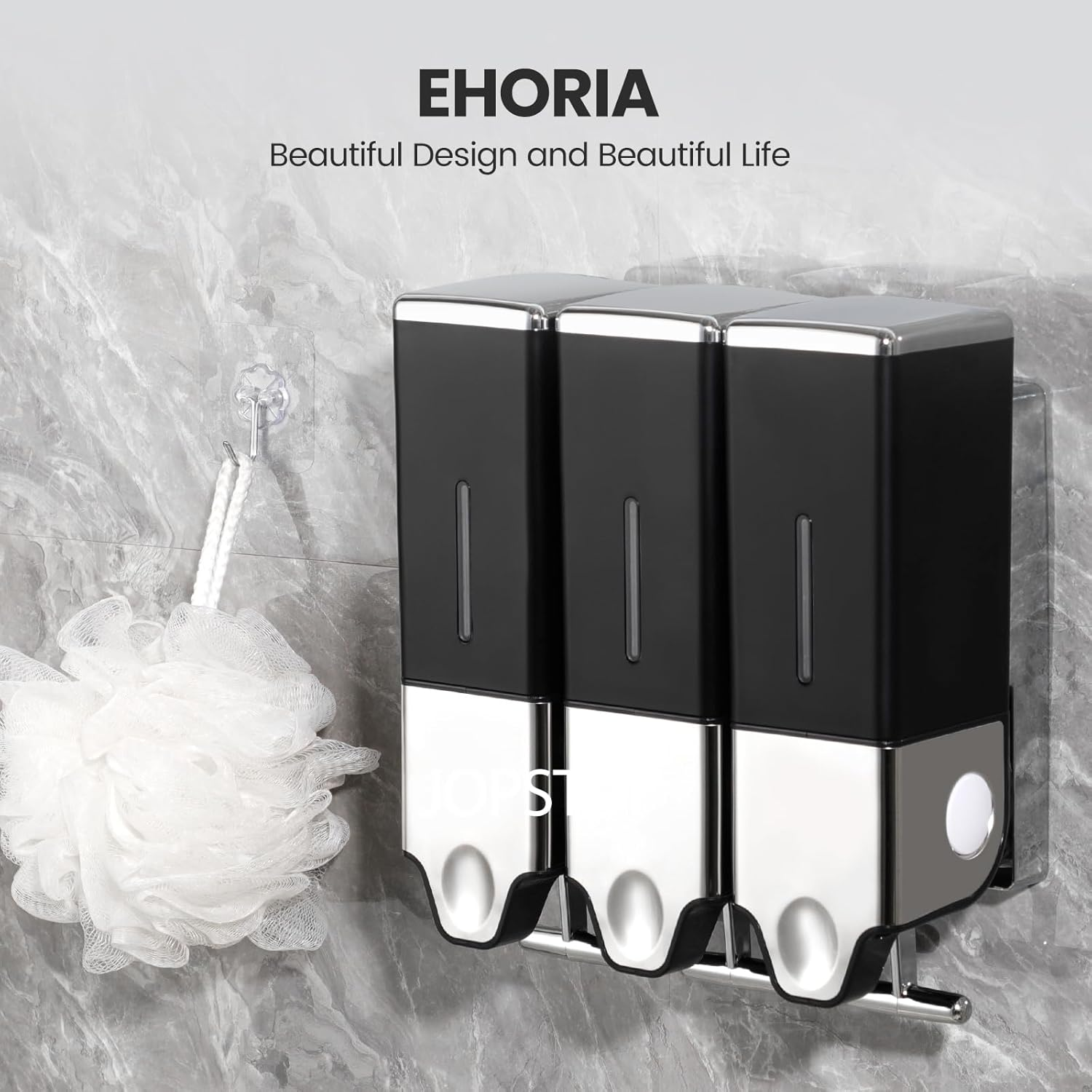 EHORIA 3-In-1 Quadrate Dispensers for the Shower, Shower Soap, Conditioner, Shampoo, No Drilled Wall Mounted, Black - Black Set Of 2 image number 7