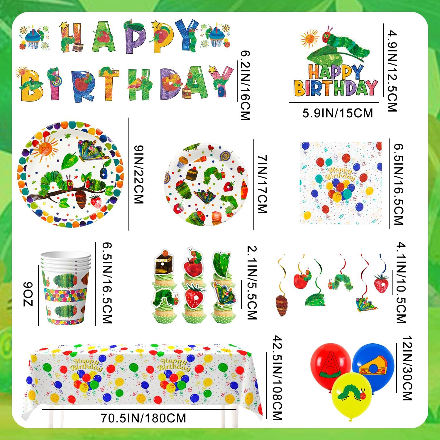 The Very Hungry Caterpillar Party Supplies 10Guests Hungry Caterpillar Birthday Decorations Tableware Set Hungry Caterpillar Party Banner Balloon Etc Hungry Caterpillar Decorations image number 2