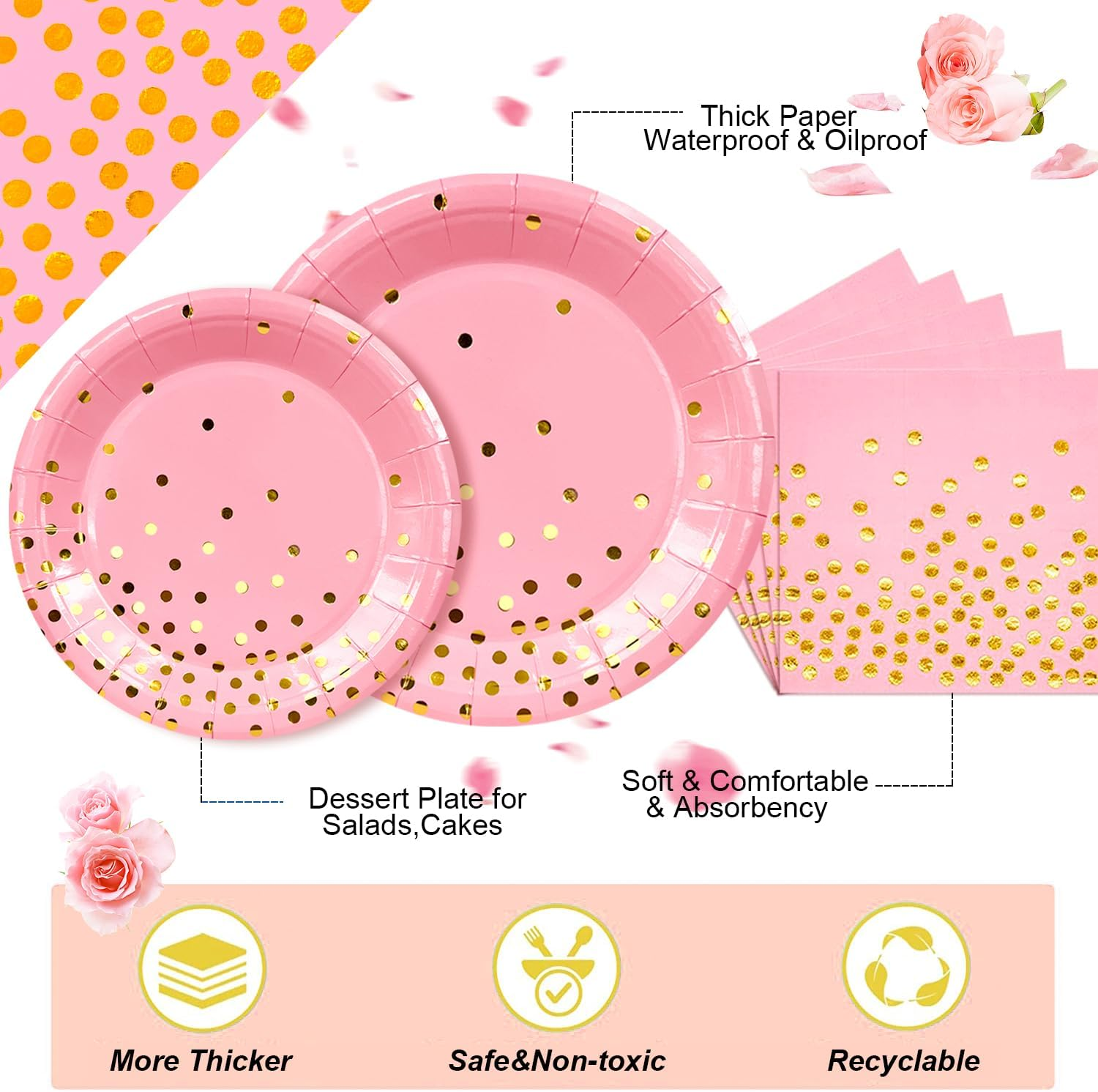 Pink Gold Party Tableware Set, 121Pcs Pink Dot Tableware Set Pink and Gold Paper Plates Cups Pink Gold Polka Dot Tablecloth Etc Pink and Gold Party Supplies Tableware image number 4