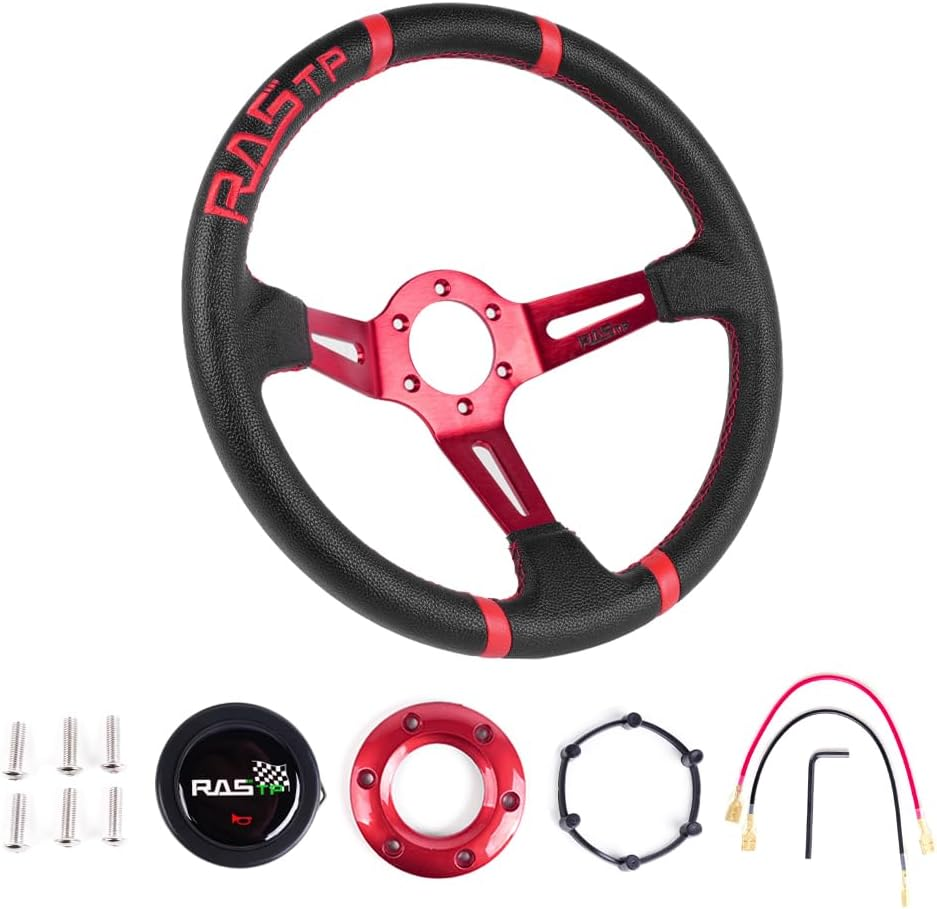 RASTP Universal Racing Steering Wheel,Deep Dish Steering Wheel Leather Embroidery 13.58&rdquo;/345Mm 6 Bolts with Horn Button Include Cable, Wrench,Red