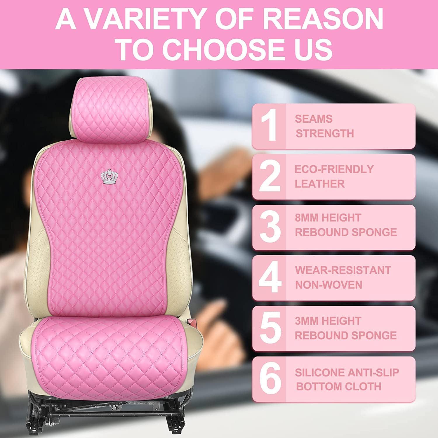 Tallew 14 Pcs Pink Car Accessories Set Leather Diamond Seat Cover Steering Wheel Cover with Center Console Pad Cup Holders Gear Protection for Women Car Interior Decor(Full Set) image number 3