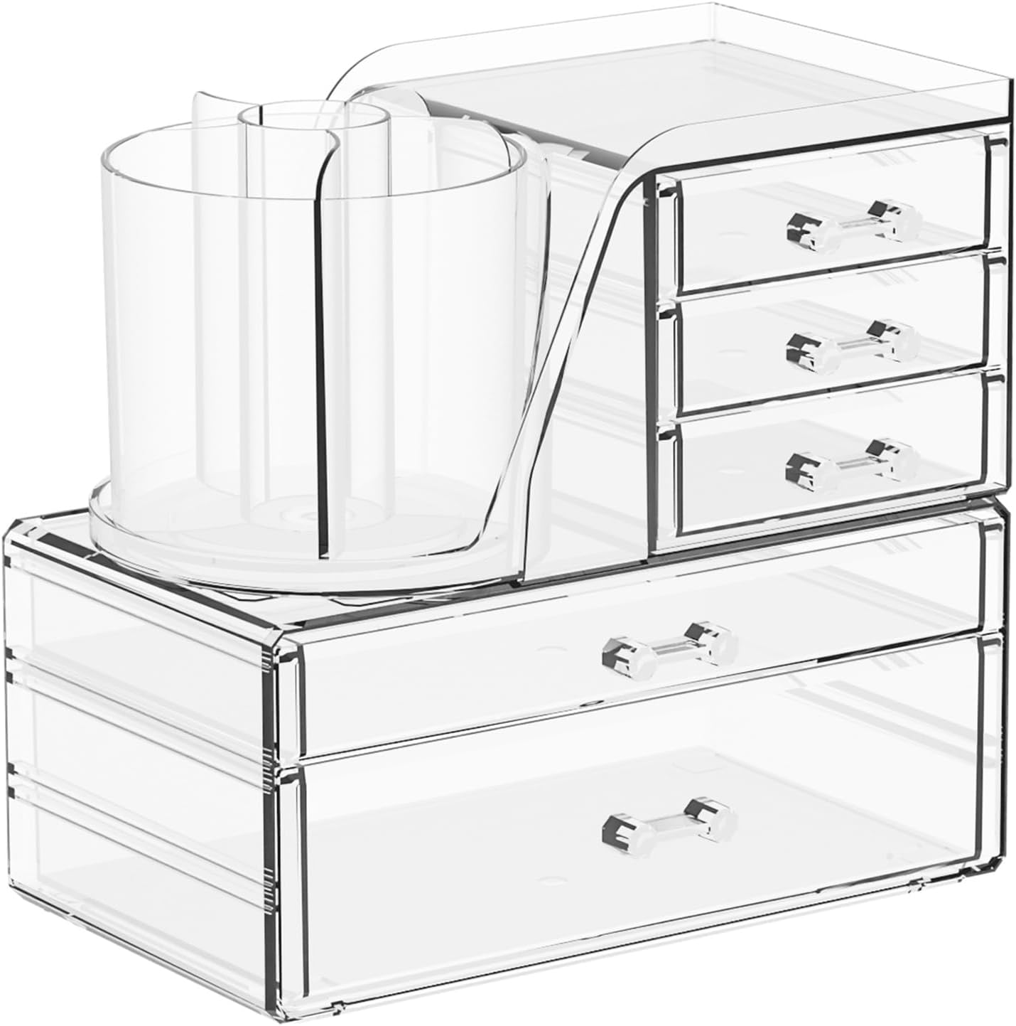 2-In-1 Acrylic Cosmetic Organiser with Rotating Brush Holder &ndash; Makeup Storage Box with Drawers for Vanity, Bathroom, or Dorm, Skincare & Beauty Supplies Holder image number 5