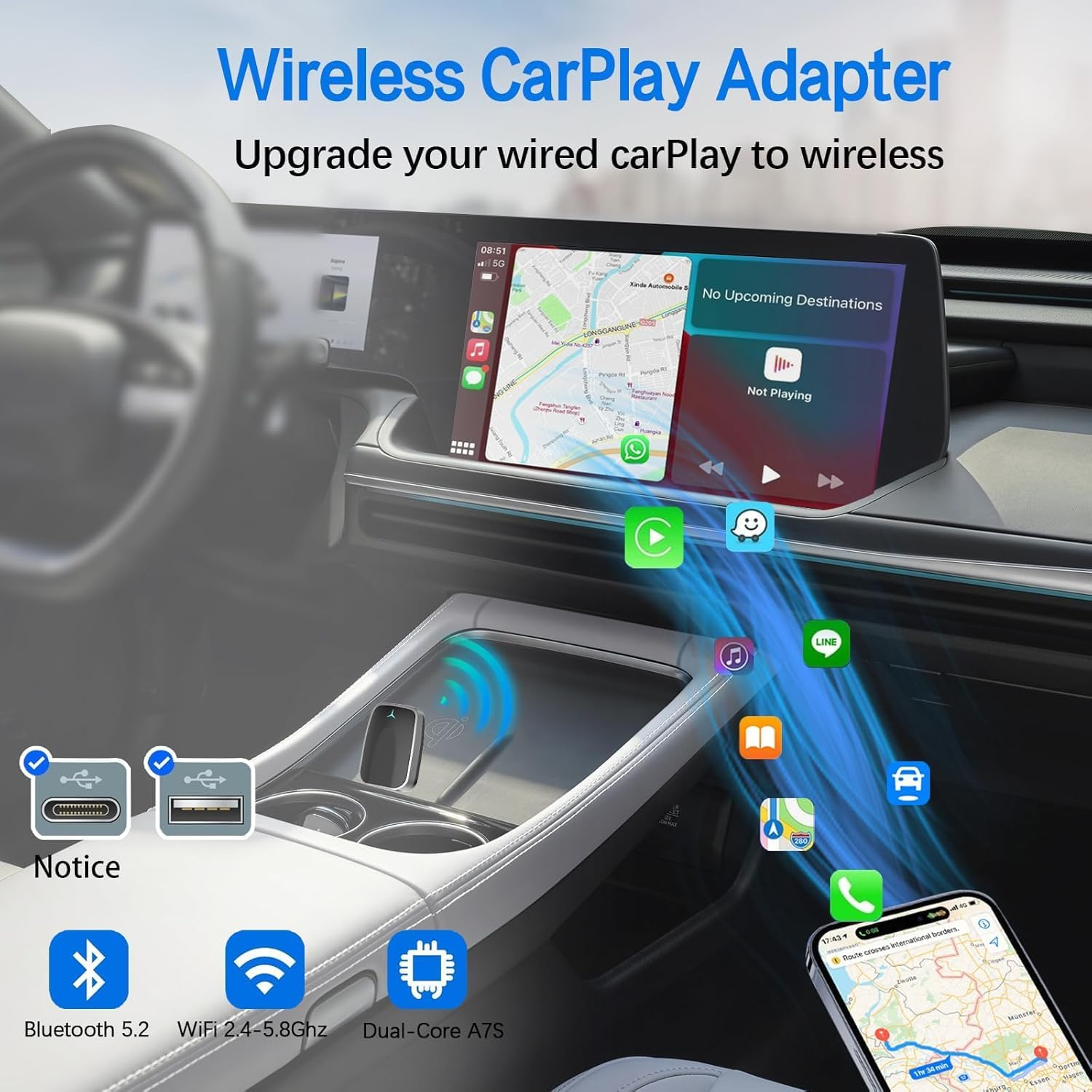 Mini Wireless Carplay Adapter, Convert Wired to Wireless Car Play & Android Auto 2-In-1 Adapter for Apple Iphone & Android Phone, Plug & Play, Auto Connect, No Delay, W/Usb C for Ios 10+ Android 11+ image number 2